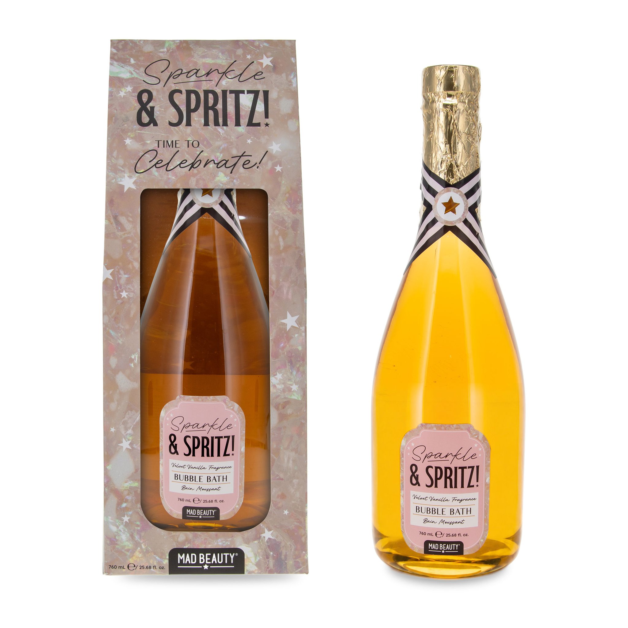 Schaumbad-Flasche neben der schimmernden Geschenkschachtel
