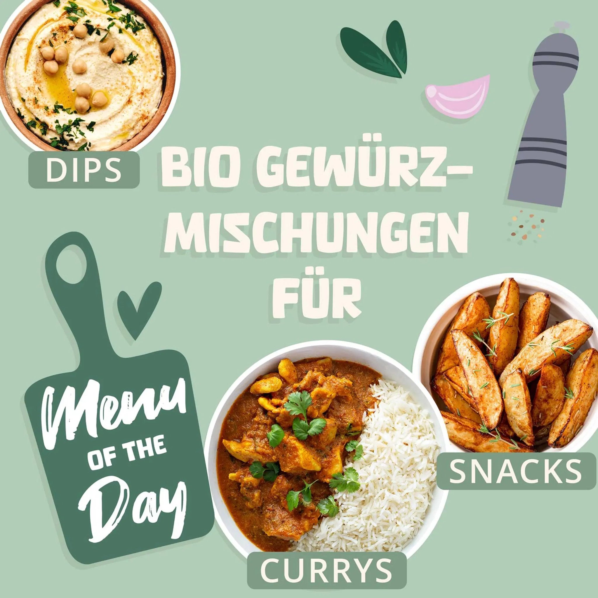 Dishes made with the advent calendar spice blends: dips, curry and snacks