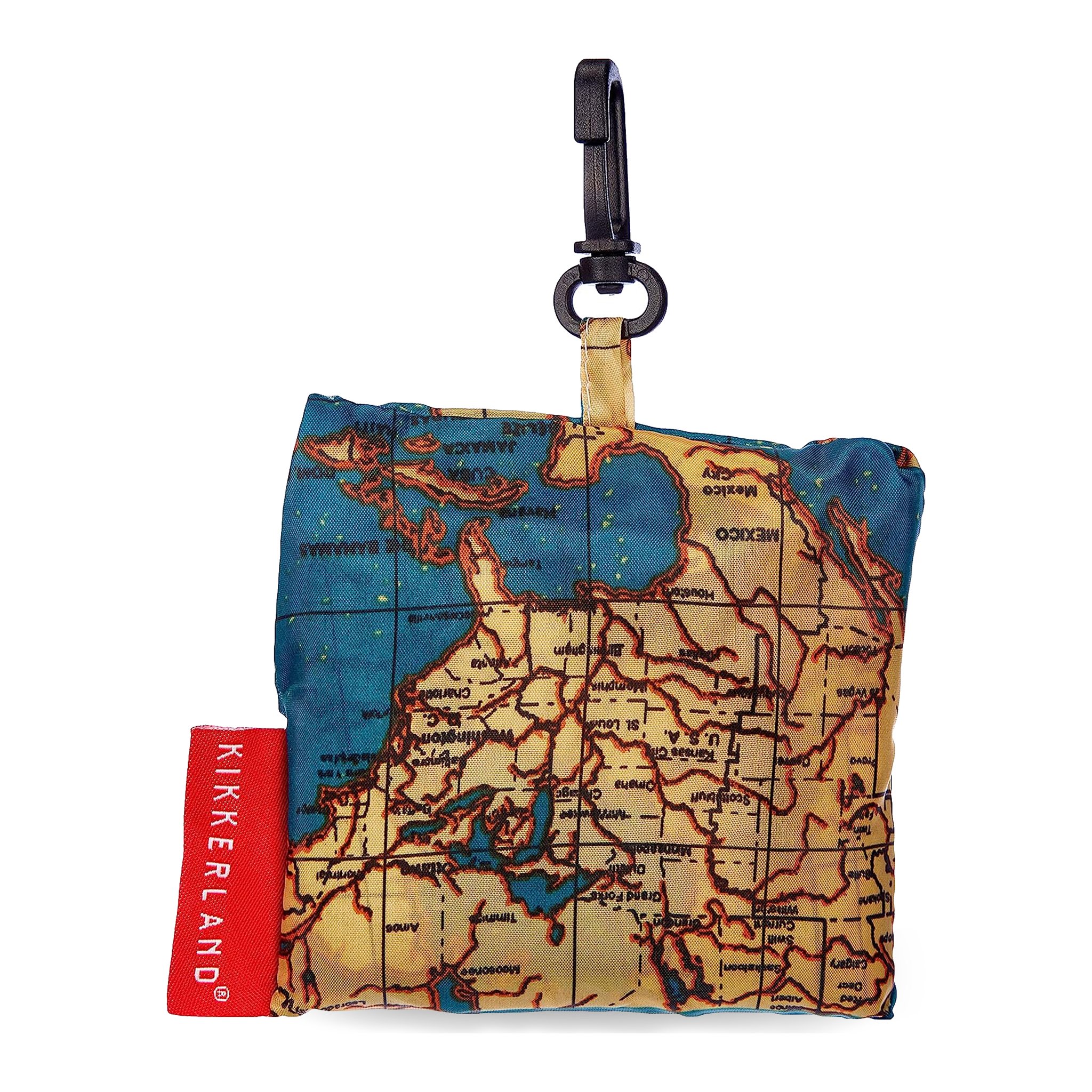 Sac à linge carte du monde plié dans sa pochette avec mousqueton