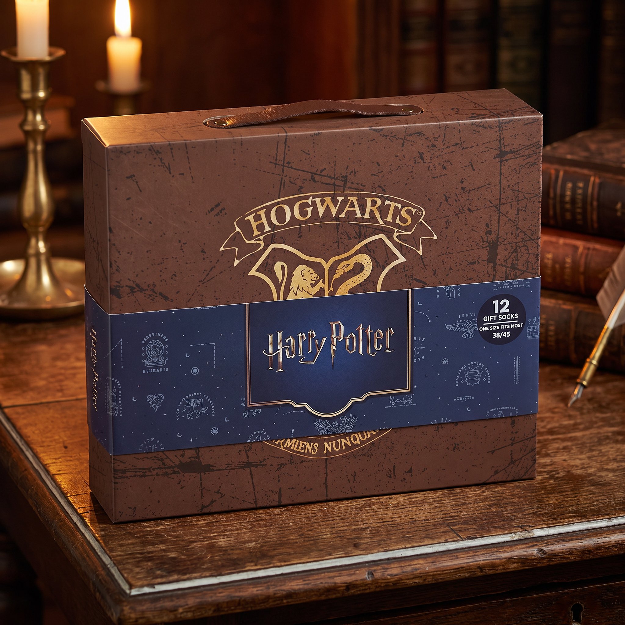 Harry Potter sock gift box with Hogwarts crest on an old wooden table with candles and books