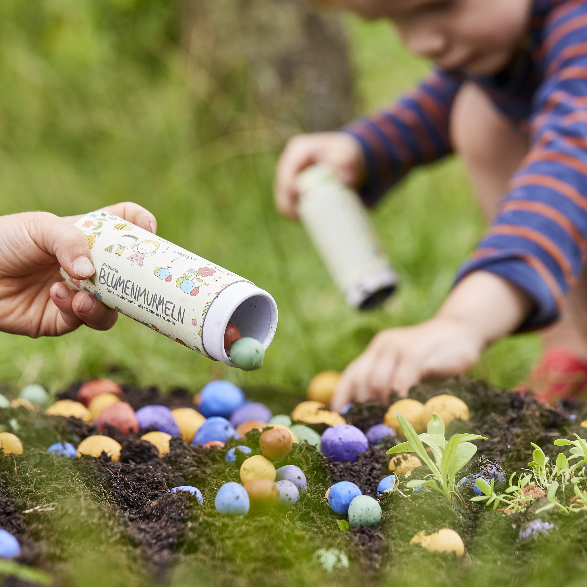 Kind verteilt Blumenmurmeln auf einem Gartenbeet, vorne wird die Dose ausgeschüttet