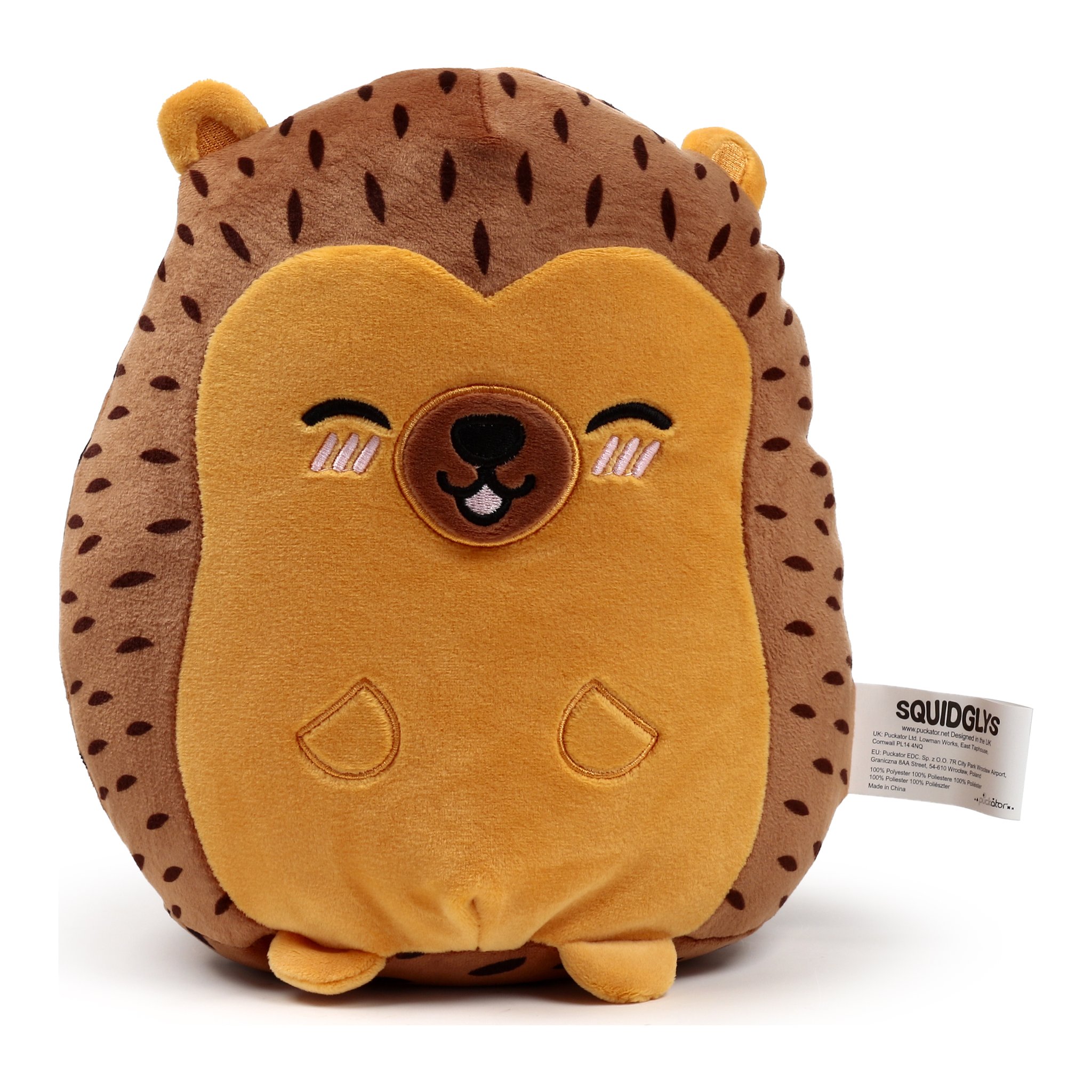 Hedgehog plush cushion with sleeping face, front view