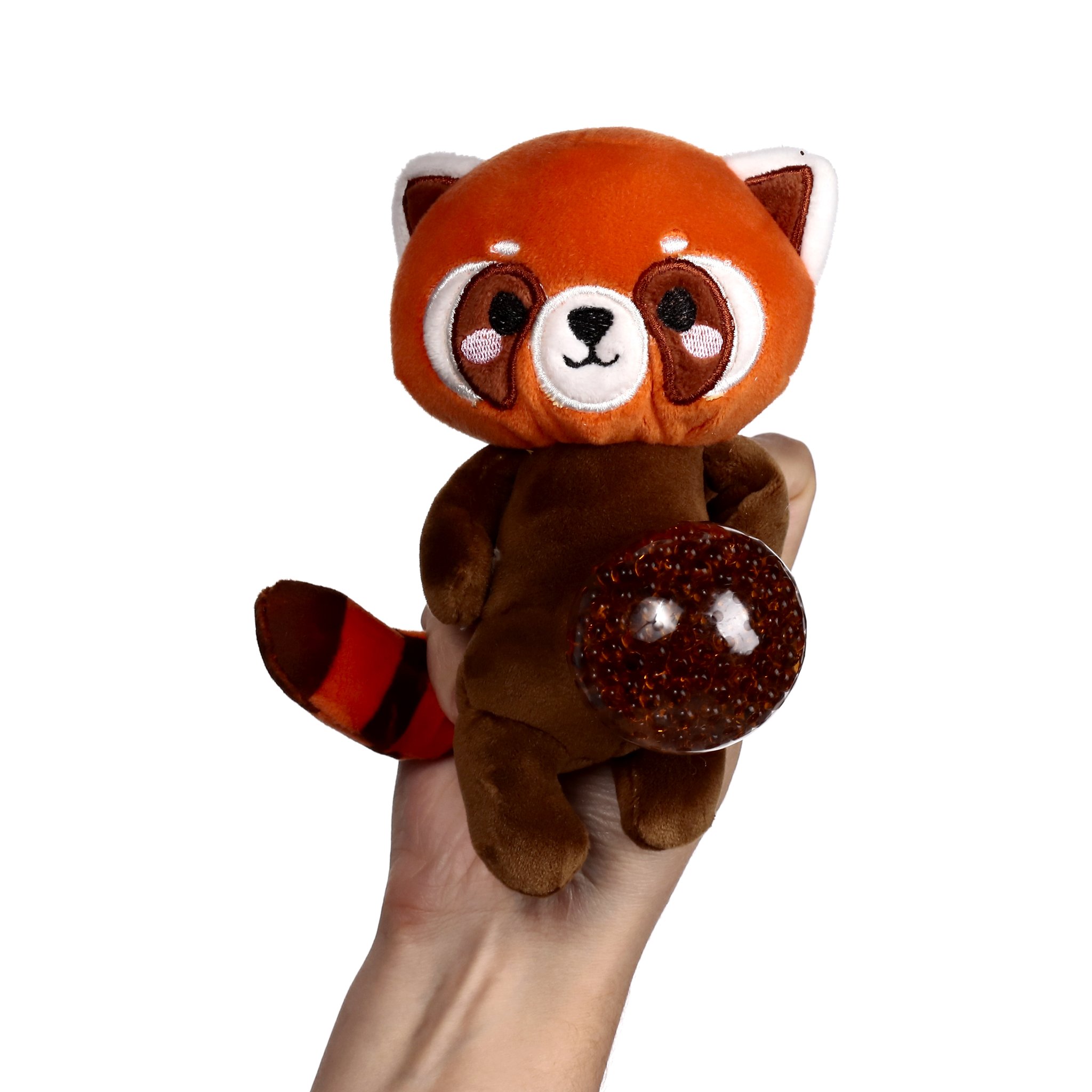 Roter-Panda-Plueschstressball in der Hand, Gelkugel tritt hervor