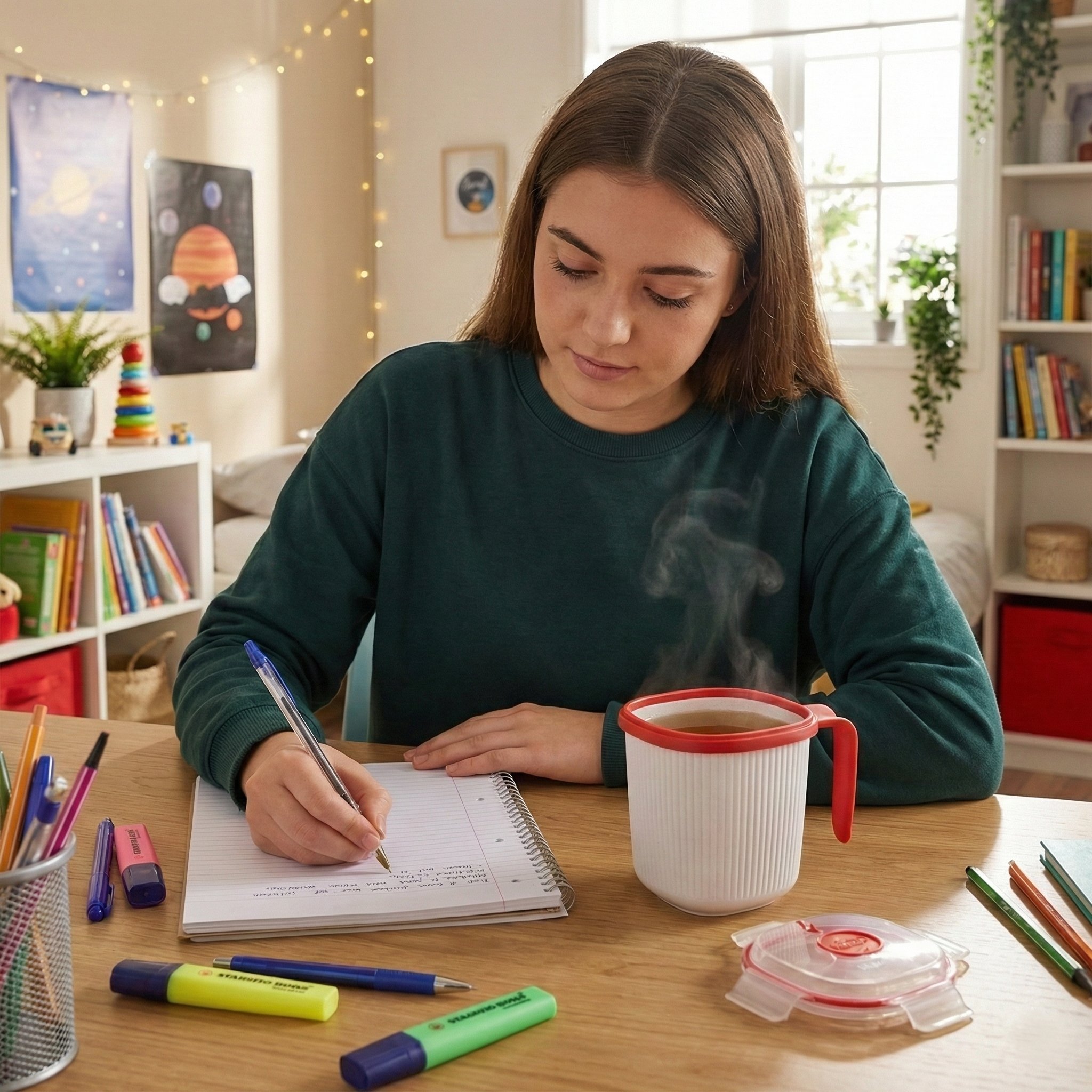 Dampfende Mikrowellen-Tasse auf dem Schreibtisch
