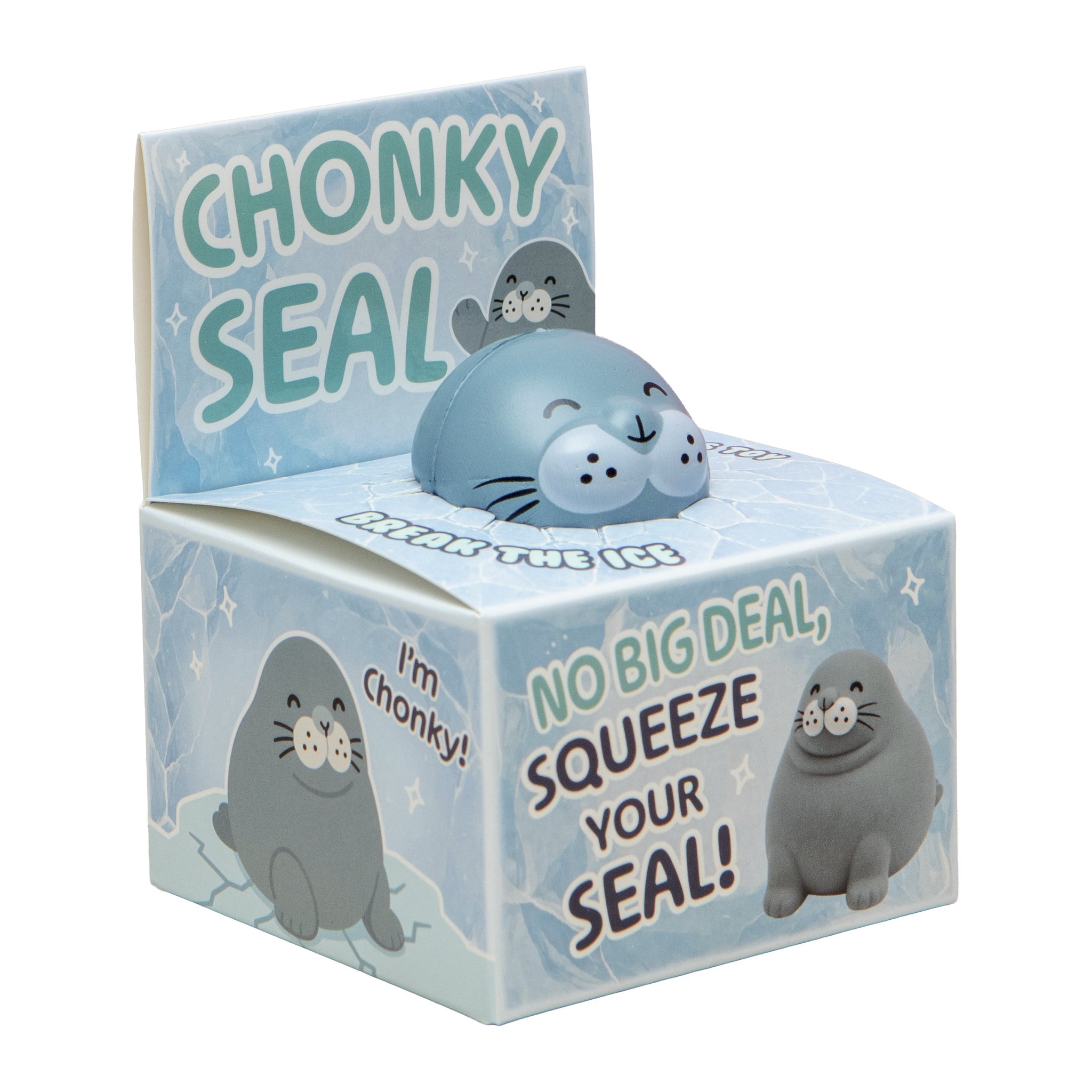 Emballage bleu clair du squishy phoque Chonky Seal avec illustrations de phoques