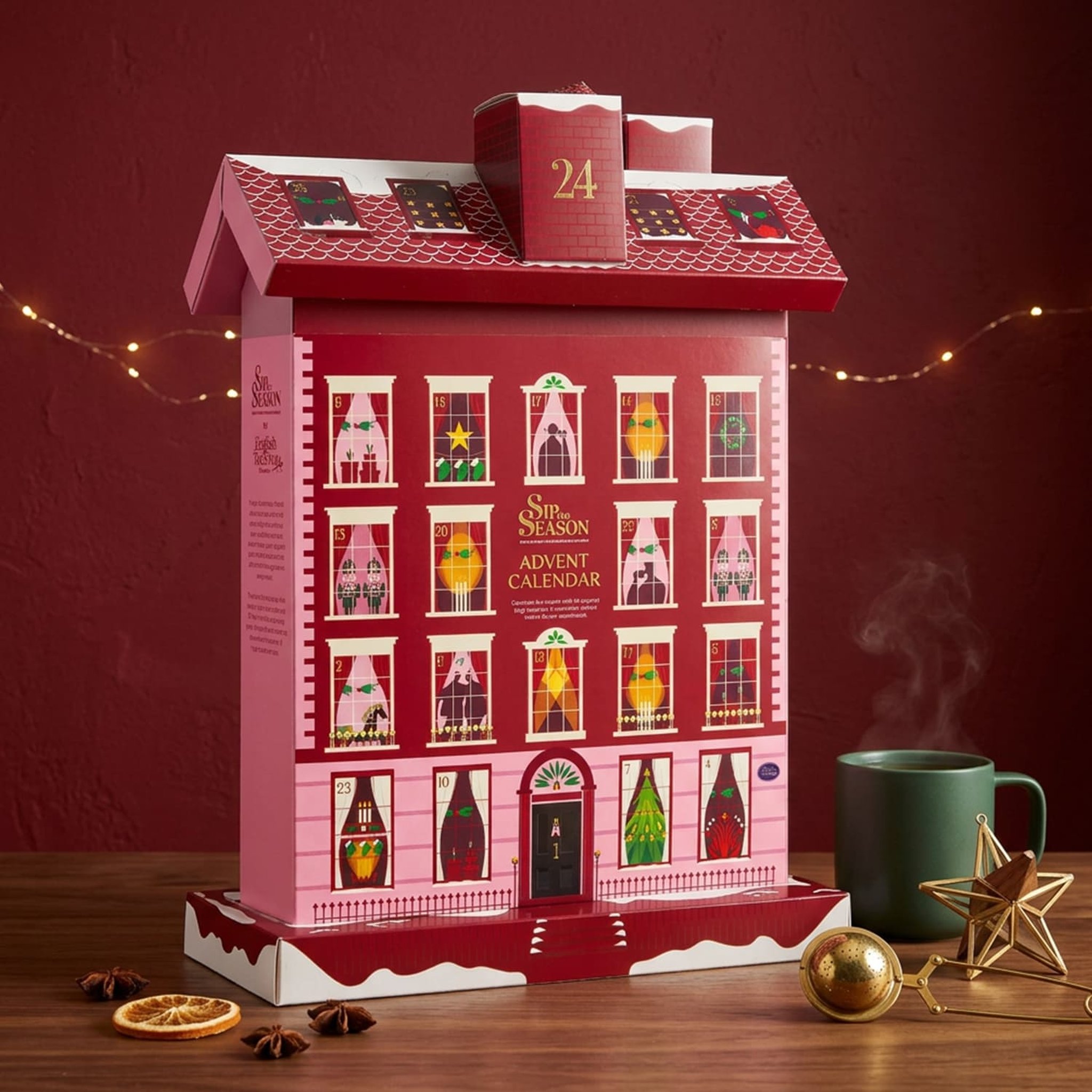 Tee-Adventskalender Winter-Cottage auf einem Holztisch vor roter Wand mit Lichterkette und dampfender Tasse