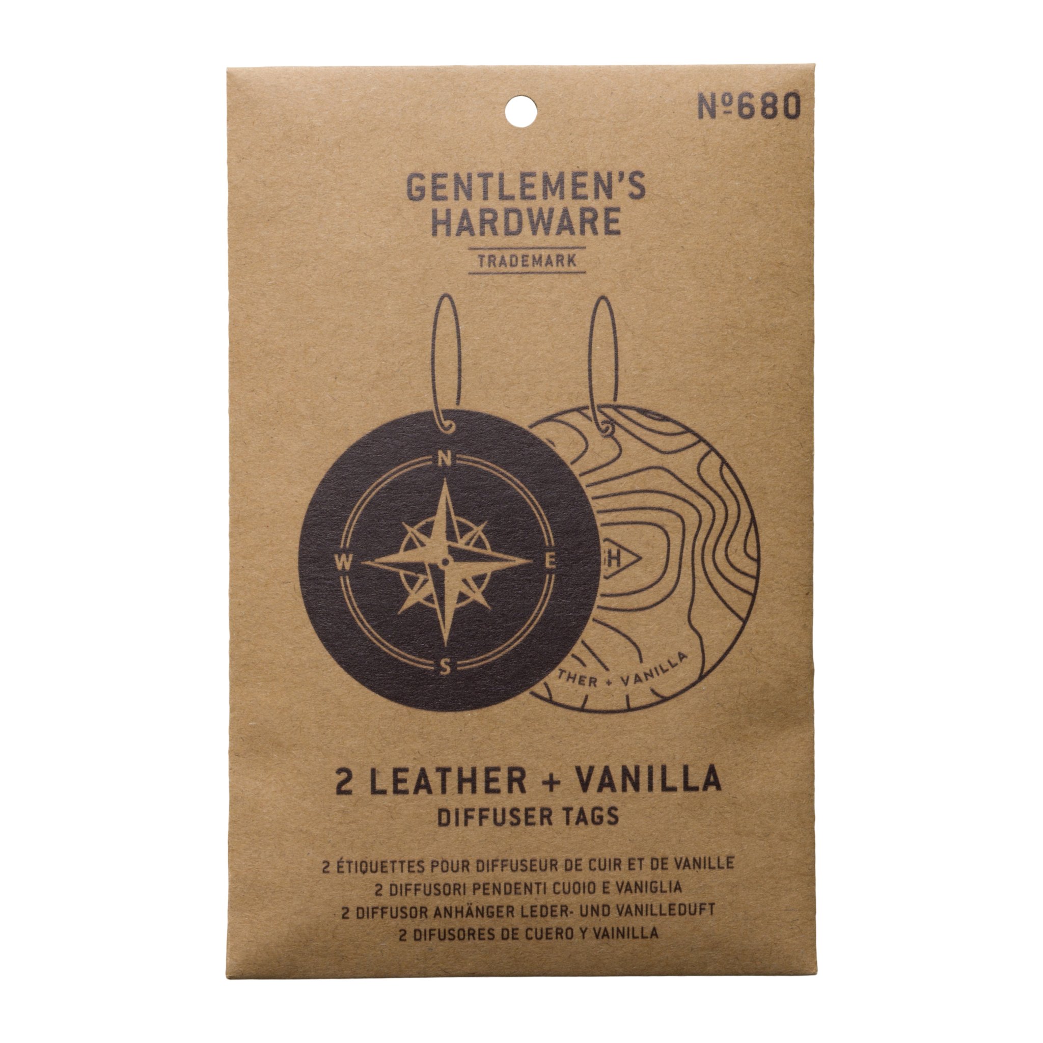 Vorderseite der Kraftpapier-Verpackung des Lufterfrischer-Sets mit Gentlemen's Hardware Logo und beiden Anhängern