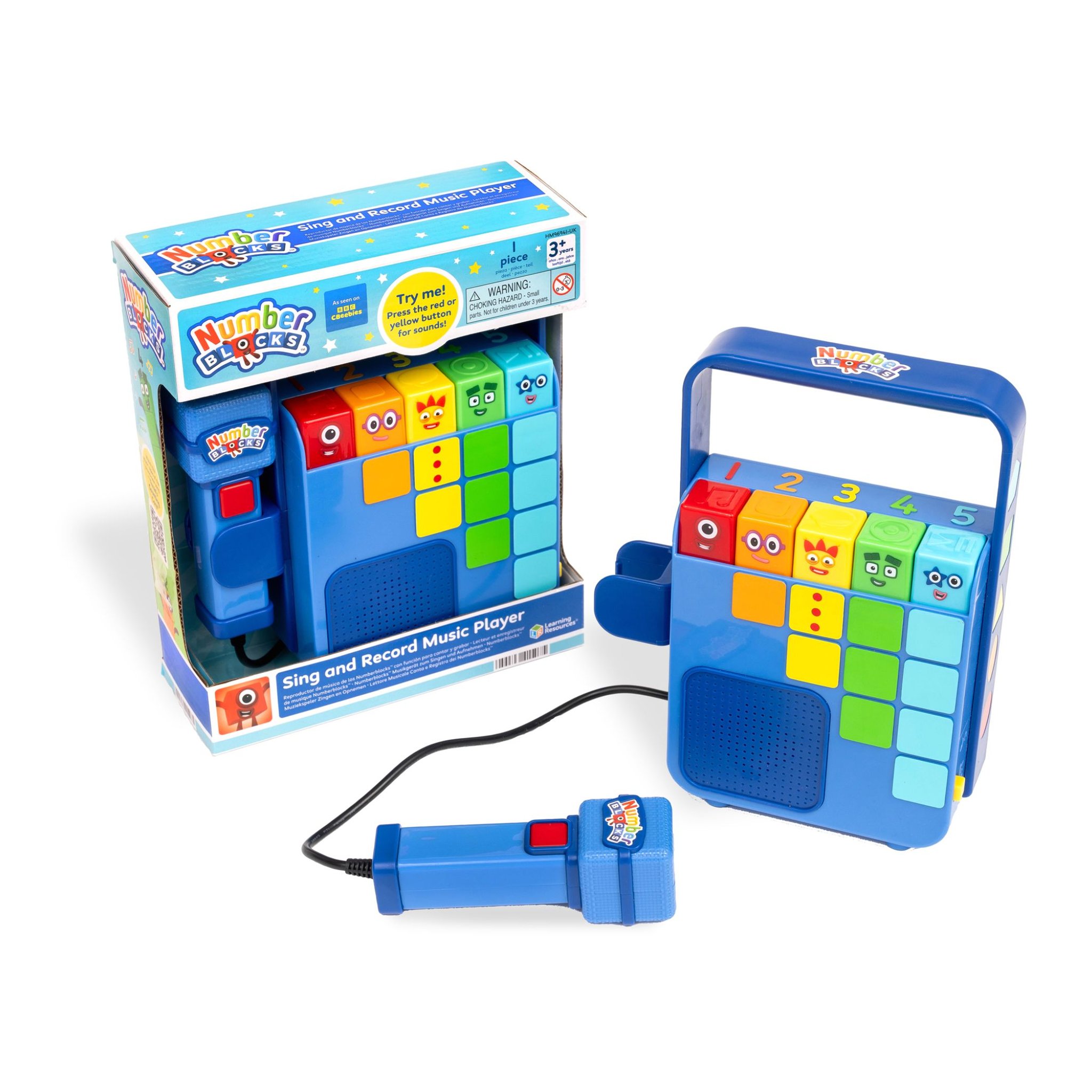Numberblocks Musik-Player mit Mikrofon neben seiner Geschenkverpackung