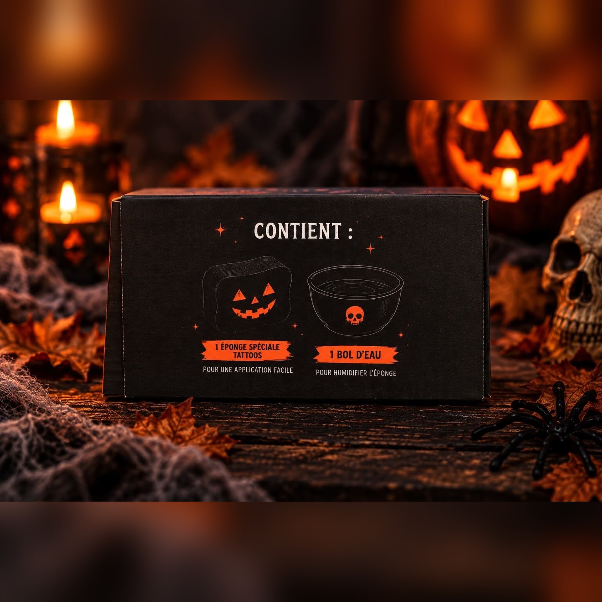 Seite der Halloween-Tattoo-Box mit Abbildung von Auftragsschwamm und Wasserschale