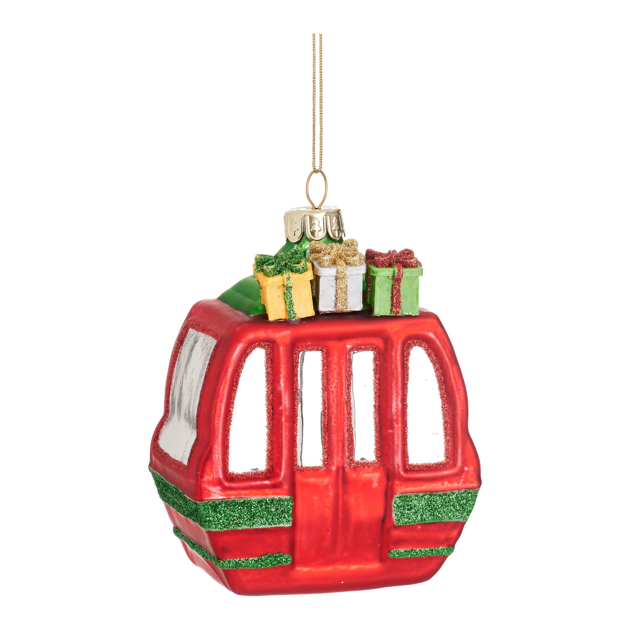 Décoration de Noël télécabine Sass & Belle, télécabine rouge en verre avec cadeaux sur le toit, détourée