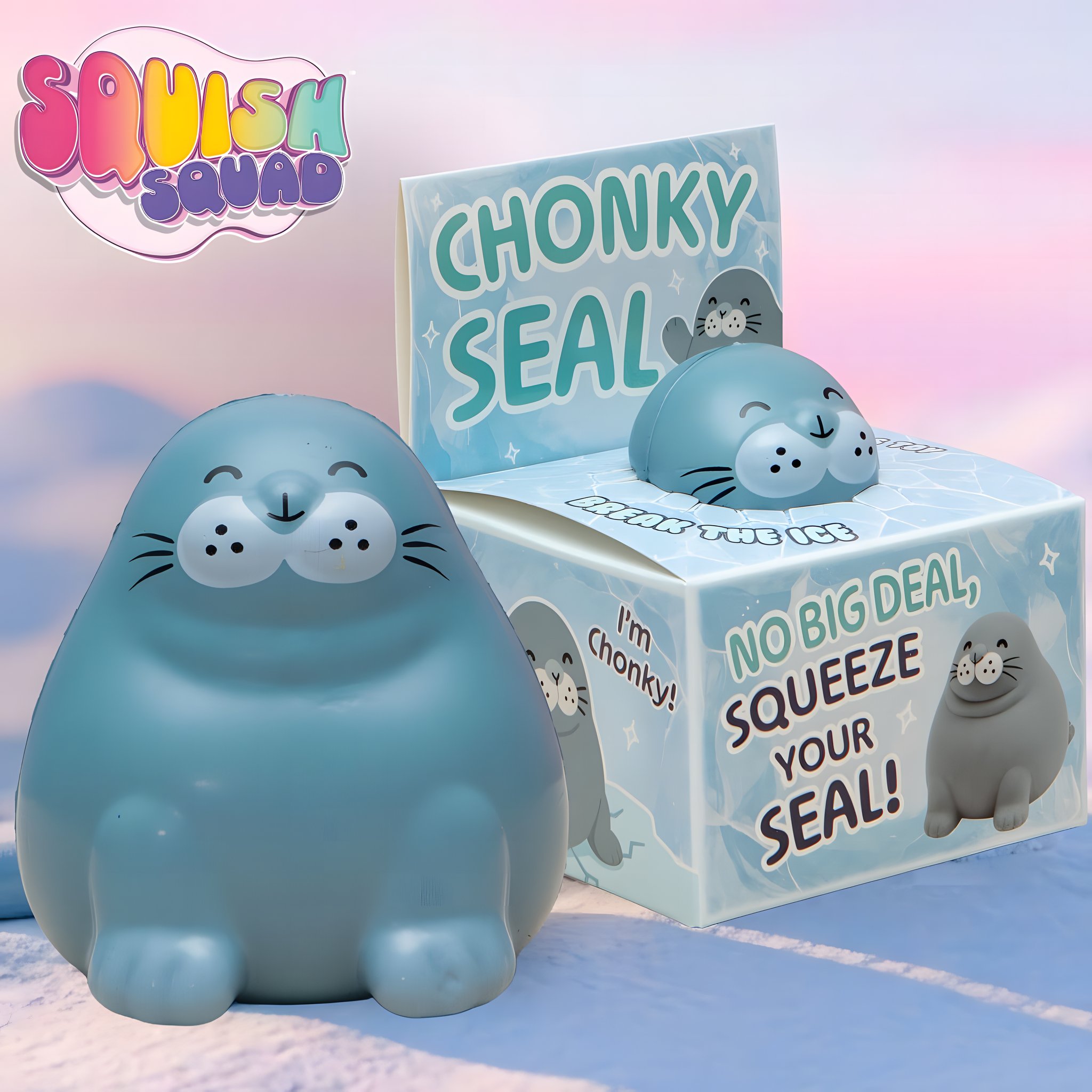 Squishy foca grigio-azzurra Chonky Seal davanti alla sua scatola con finestra