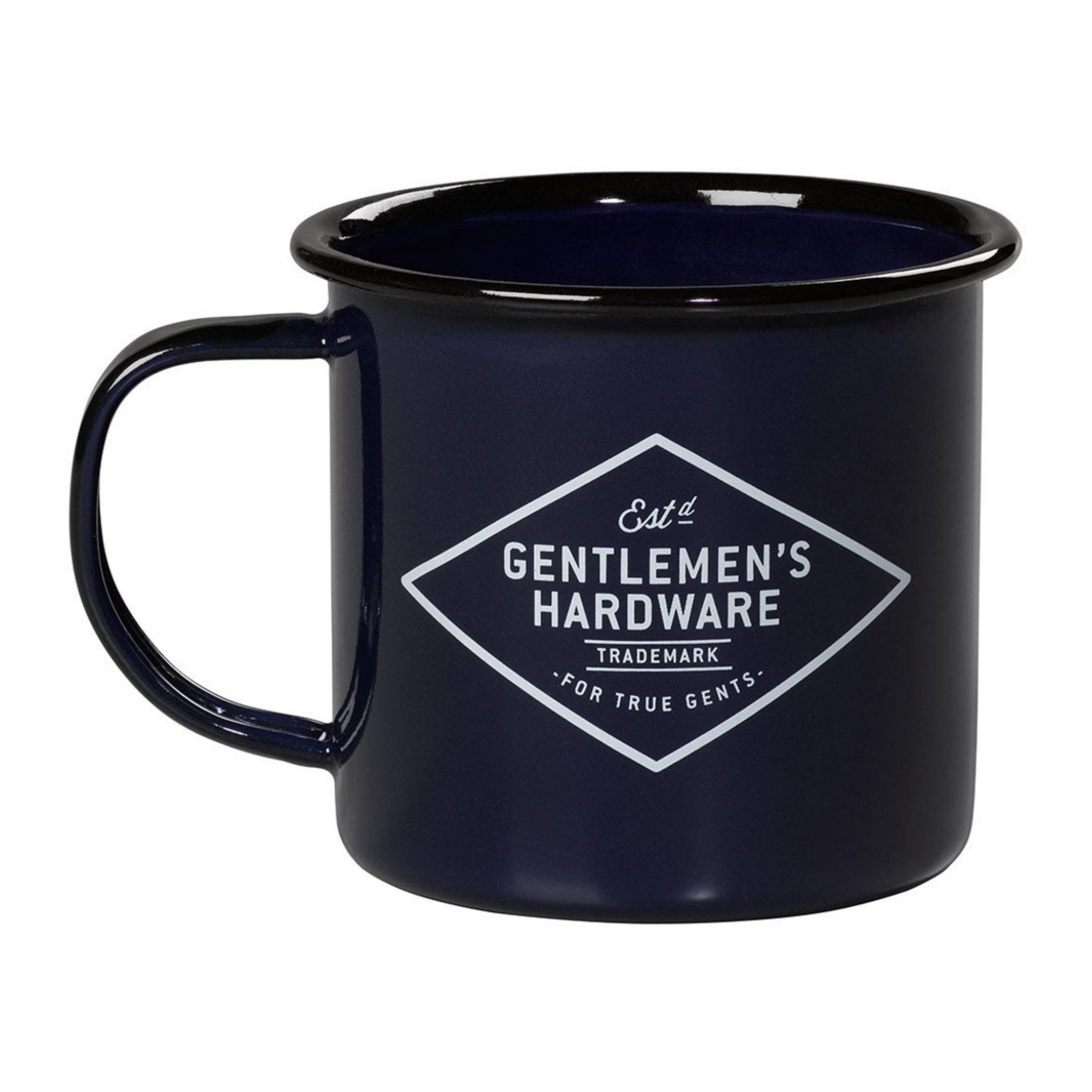 Navy Adventure Begins Emailletasse mit weissem Gentlemen's-Hardware-Logo in der Raute, Henkel links