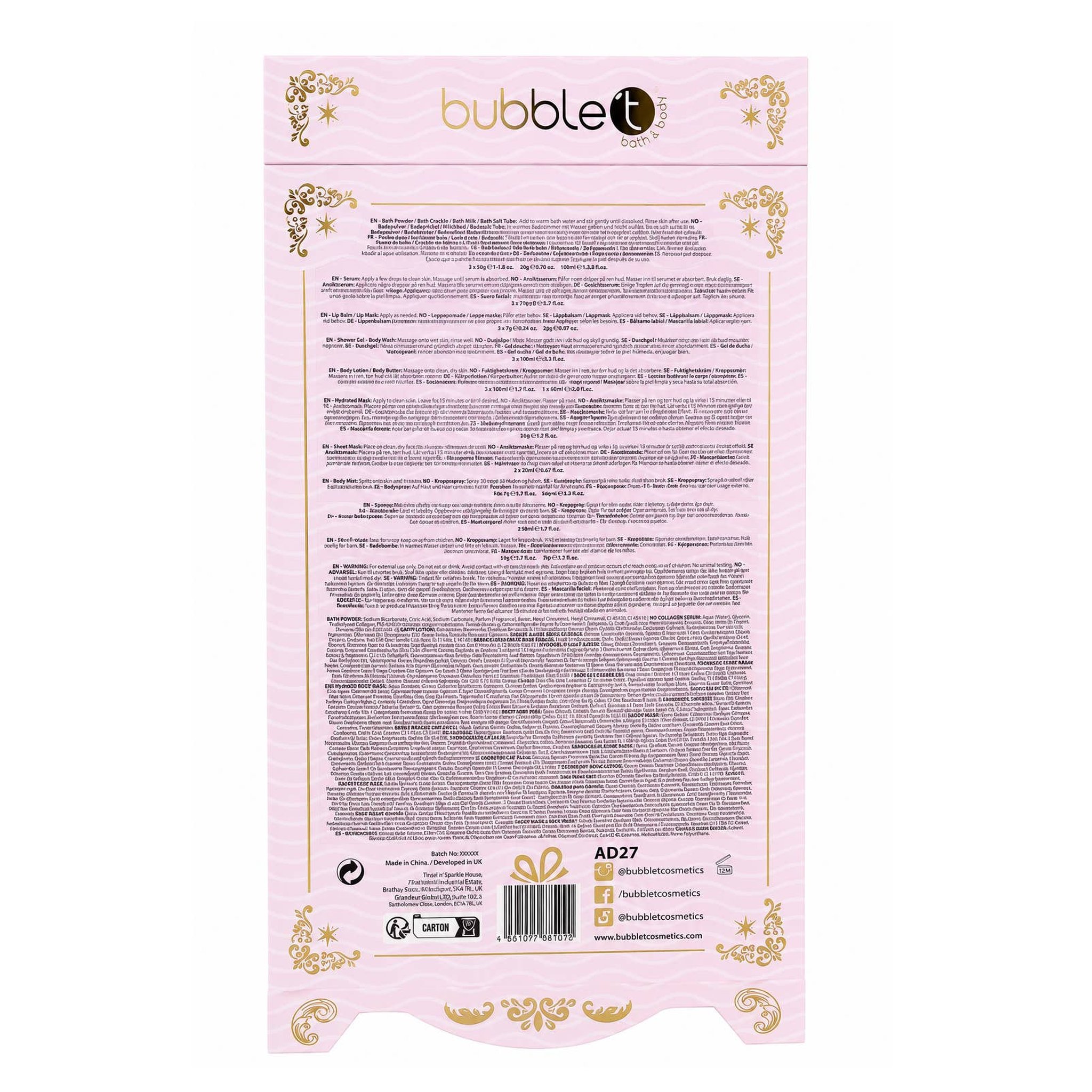 Bubble T Beauty Adventskalender 2026 – Rückseite mit Inhaltsangaben