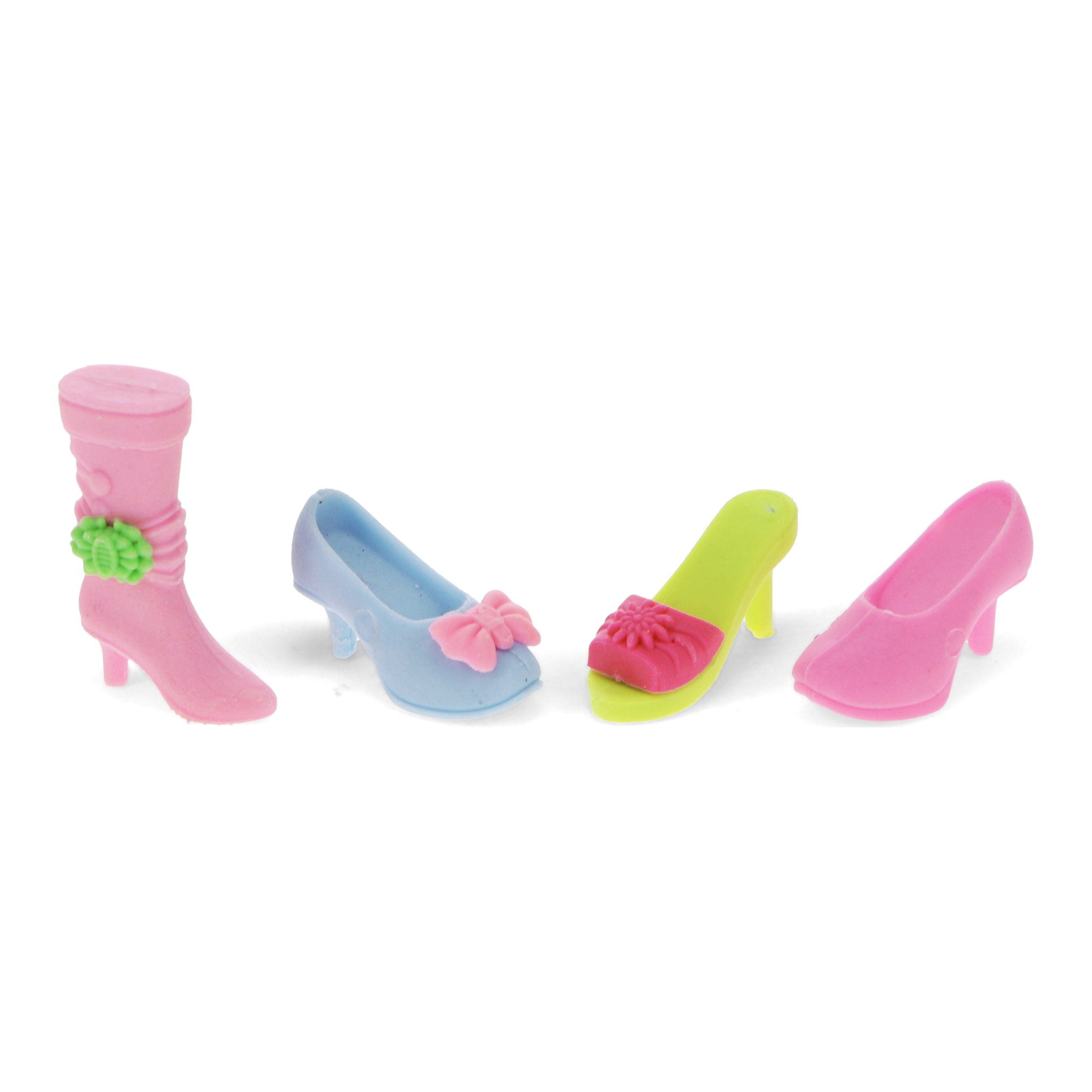 Les quatre gommes chaussures détourées : botte rose, escarpin bleu, sandale verte, escarpin fuchsia
