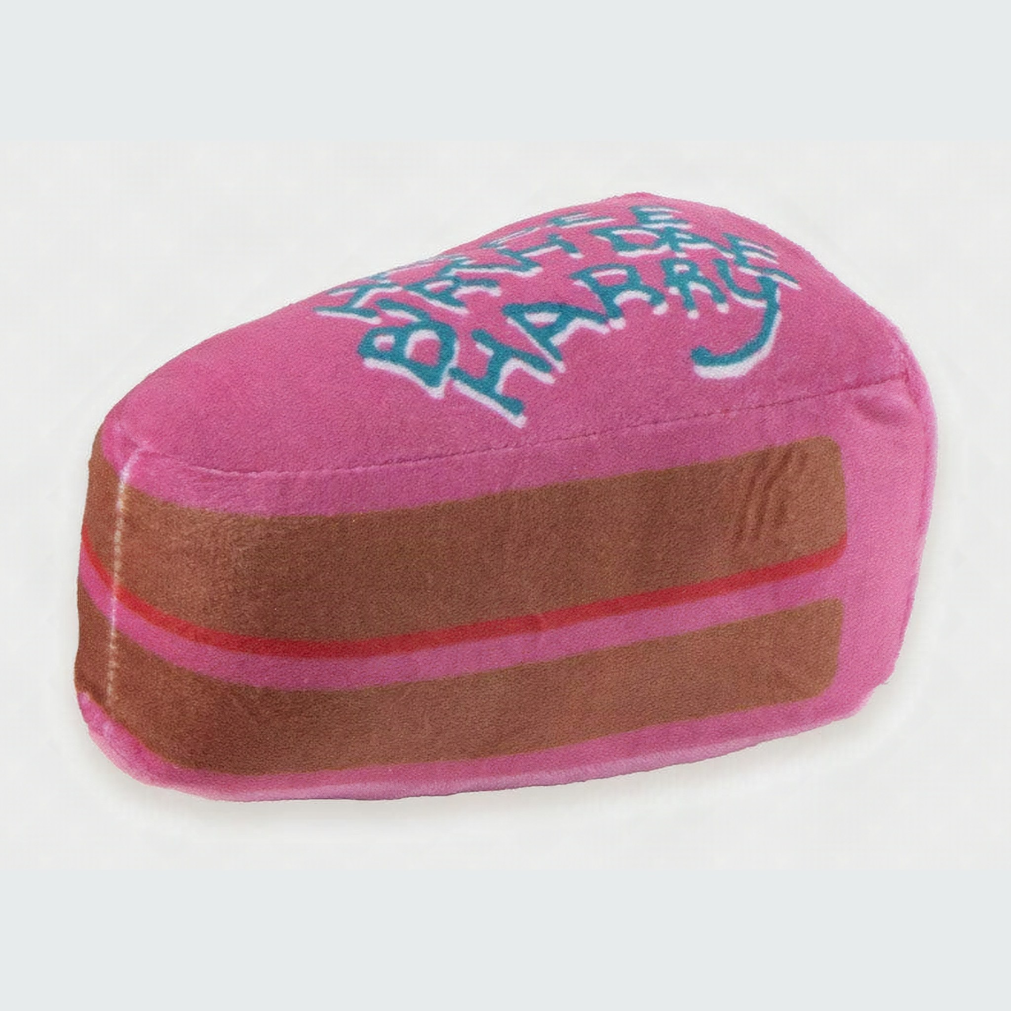 Fetta di torta di peluche rosa e marrone con ricamo Happee Birthdae Harry