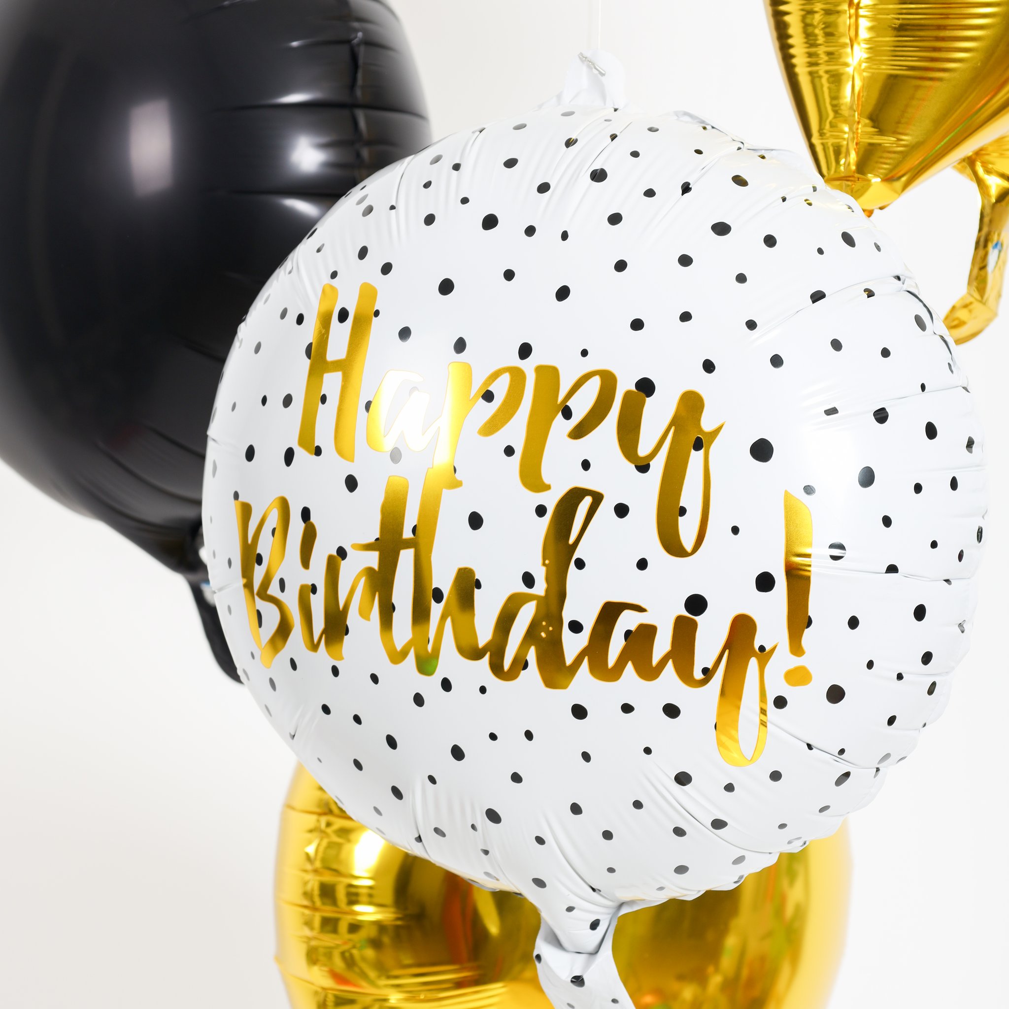 Folat Folienballon Birthday Dots im Bouquet mit Schwarz und Gold — Geburtstagsdeko