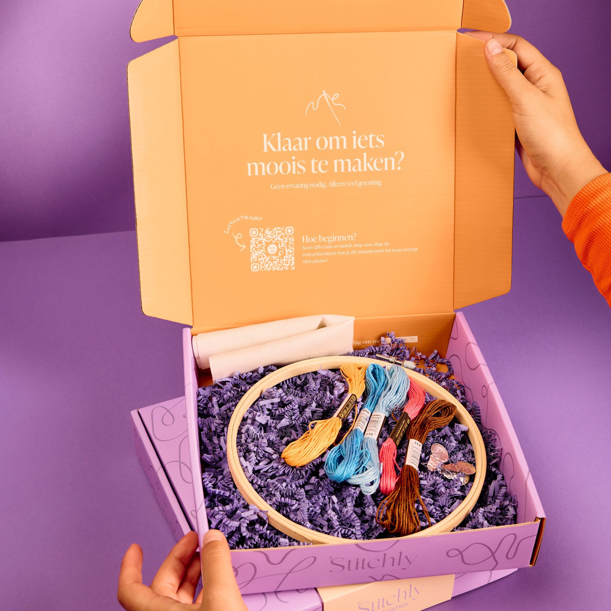 Lavender Bouquet Embroidery Kit with Hoop by Stitchly – opened box with threads and hoop