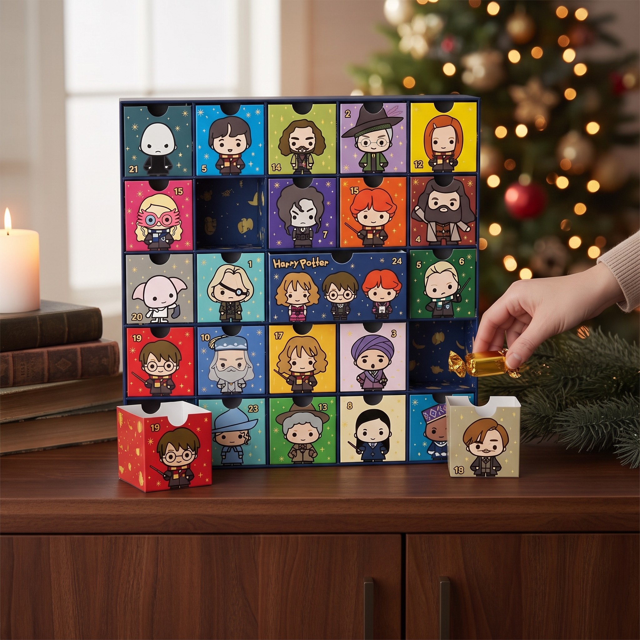 Hand legt ein Bonbon in eine Schublade des Harry Potter Adventskalenders