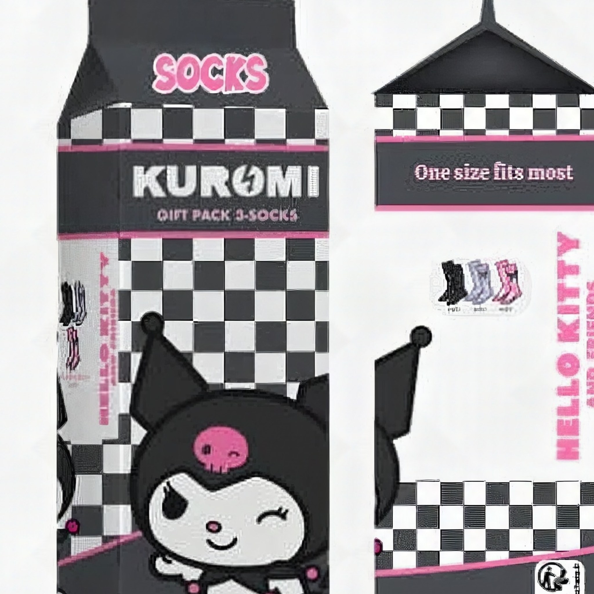 Gift packaging in a milk-carton design with a check pattern and Kuromi
