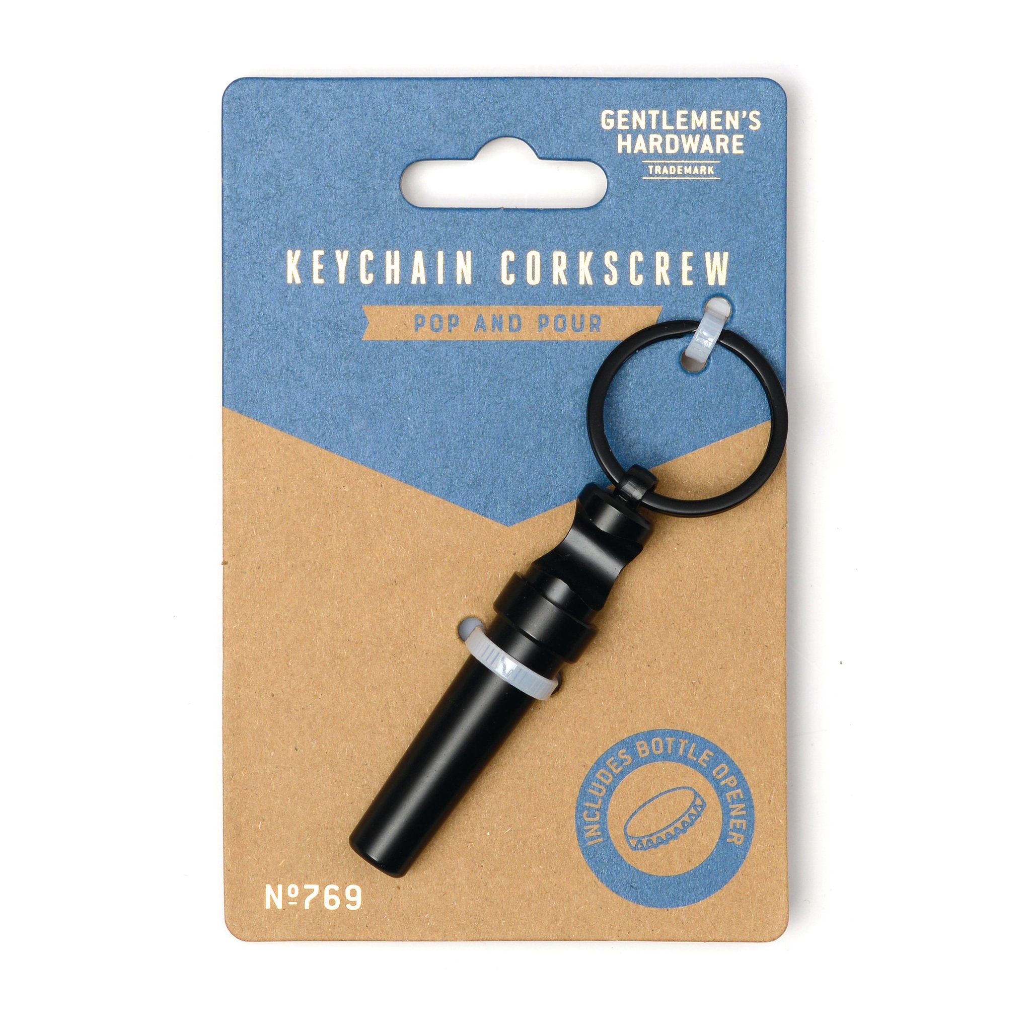 Black keychain corkscrew attached to a blue and brown card marked «Pop and Pour»