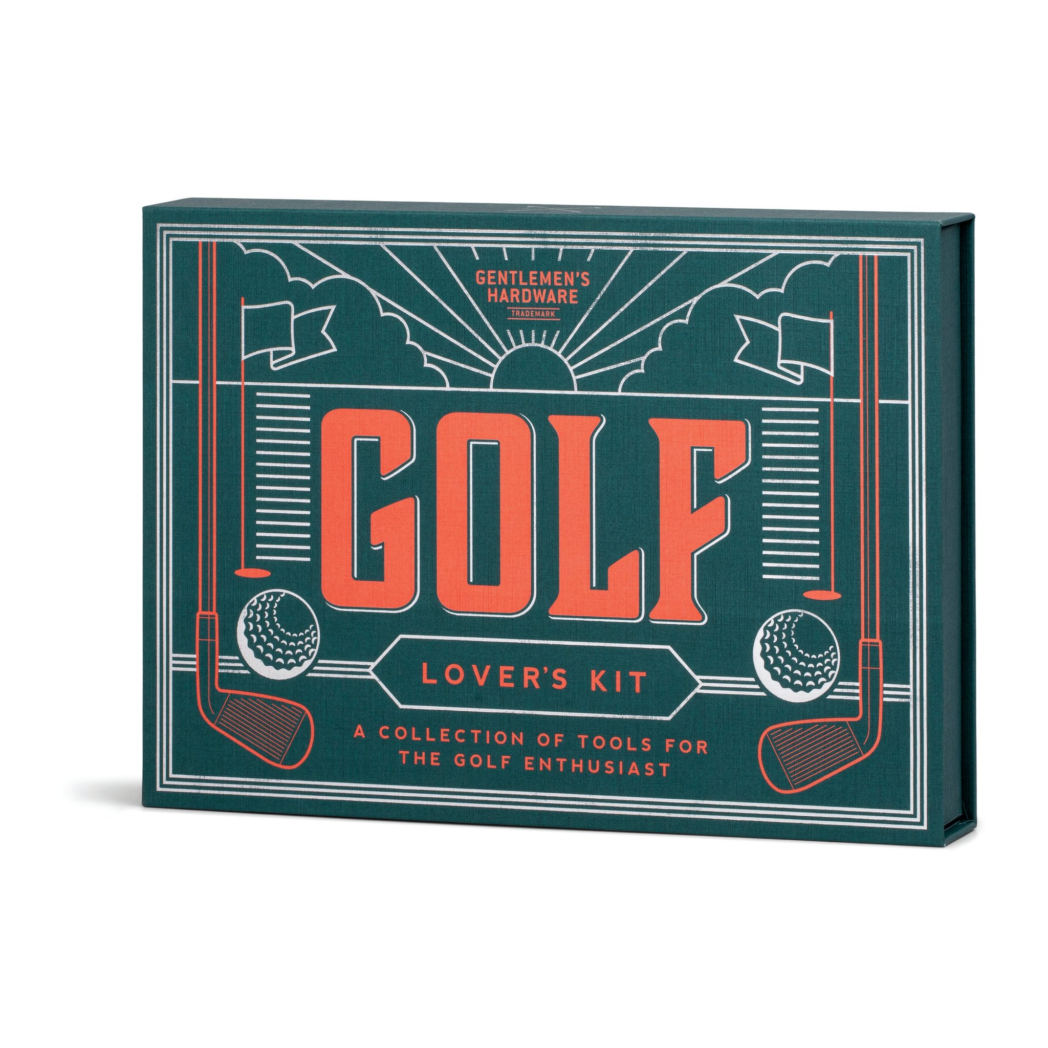 Geschlossene Schachtel des Golf Liebhaber Sets leicht schräg von der Seite, Deckel mit Golfmotiv und Sonnenaufgang