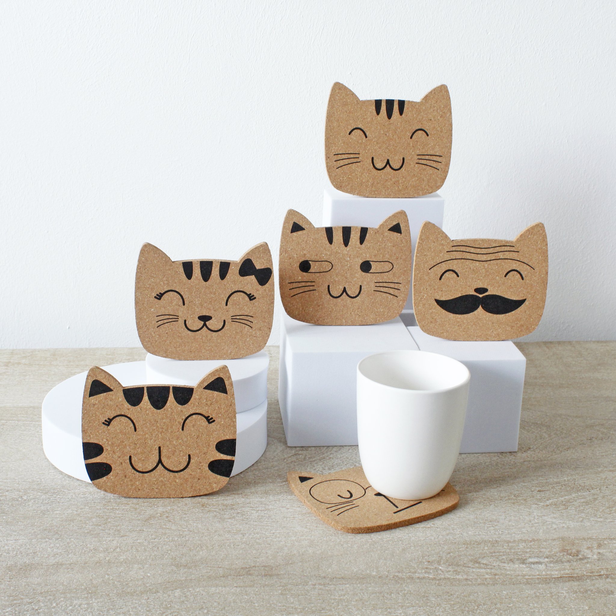 Cat Family cork coaster set with a cup