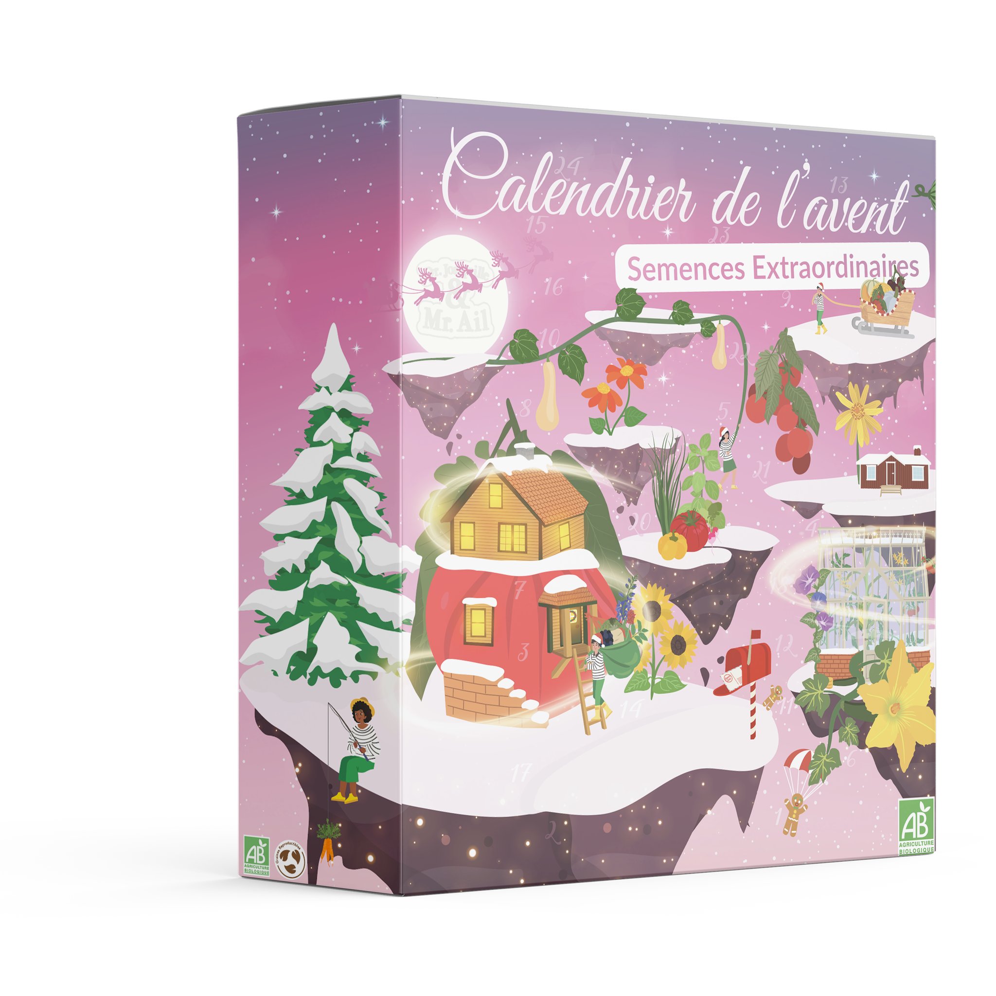 Calendrier de l'Avent Semences Extraordinaires 2026 avec paysage d'hiver violet et rose sur fond clair