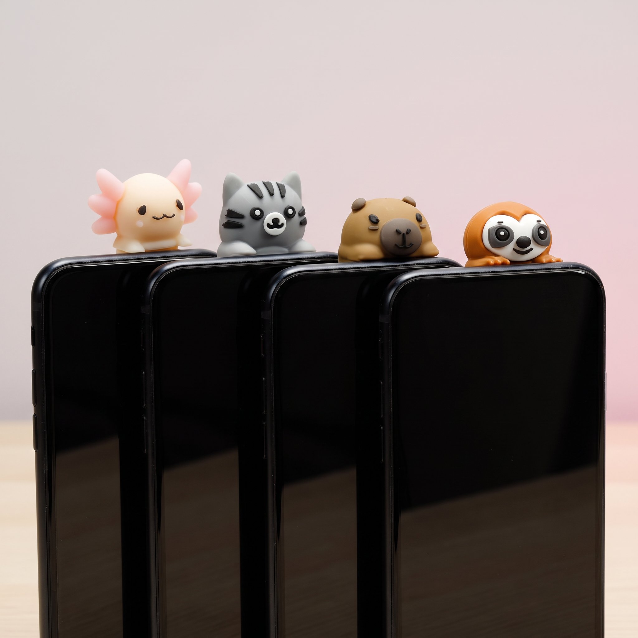 Quattro ciondoli Adoramals su smartphone: axolotl, gatto, capibara e bradipo
