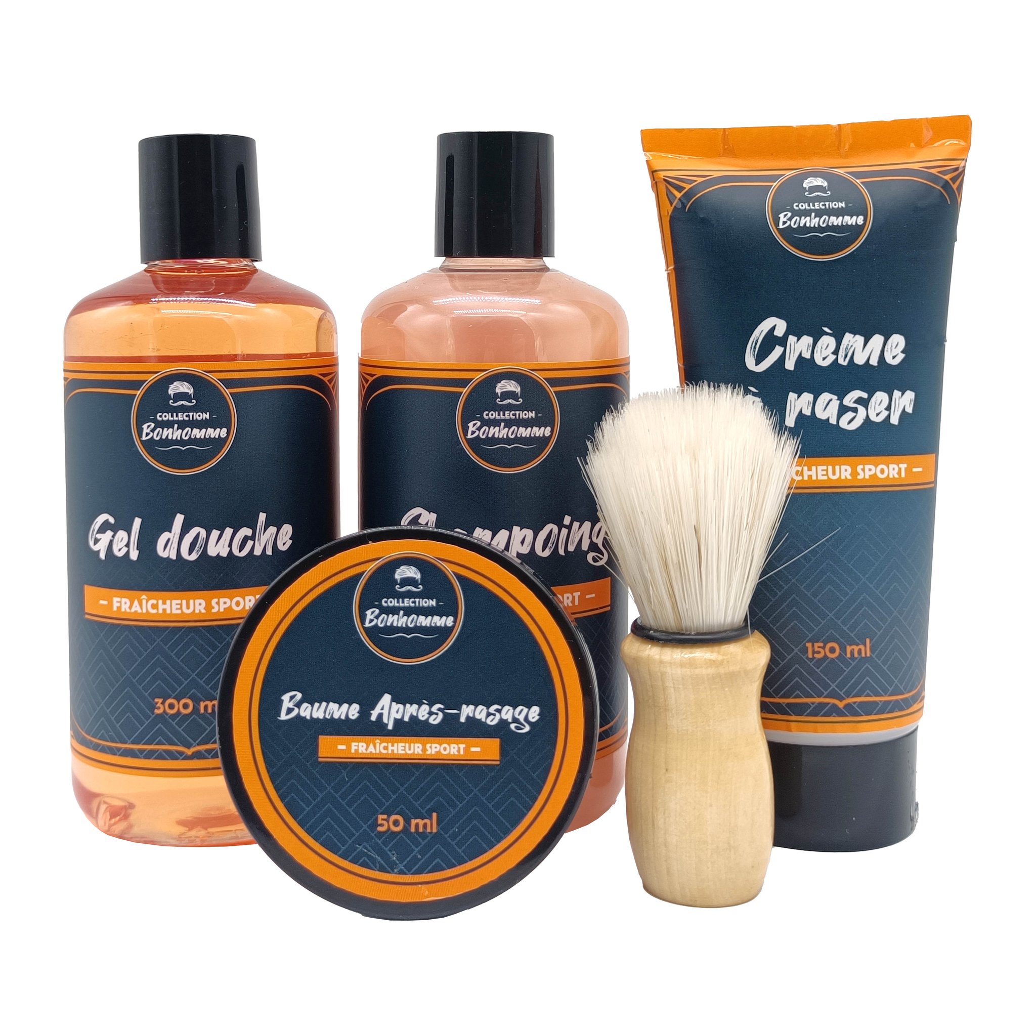 Duschgel, Shampoo, Rasiercreme, After-Shave-Balsam und Rasierpinsel aus dem Bonhomme-Set ohne Box