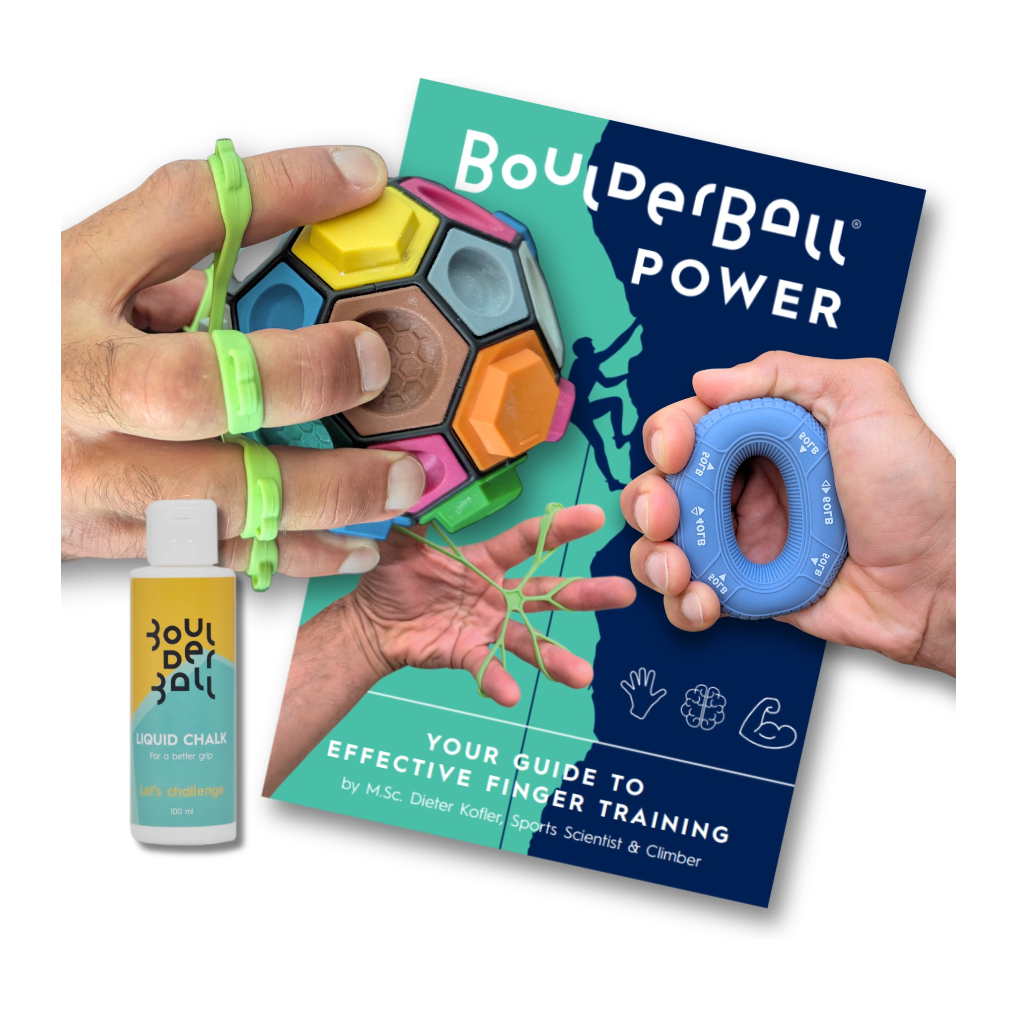 Mani che si allenano con Boulderball, elastico e anello davanti al libretto POWER