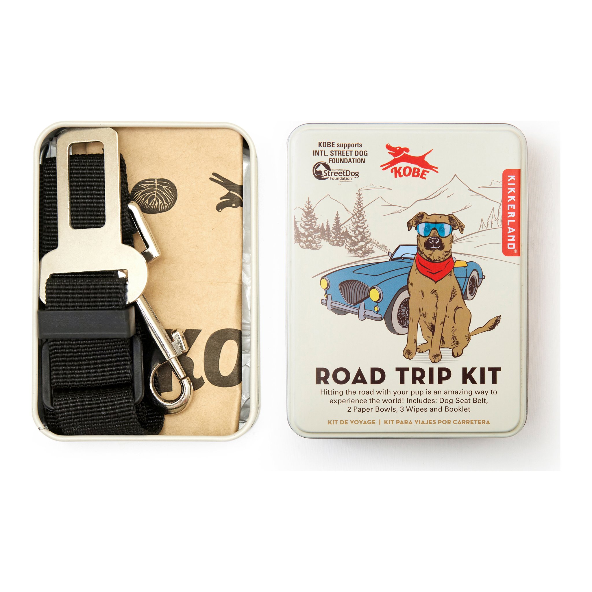 Offene Dose des Kobe Road Trip Kits mit Sicherheitsgurt und Papiernäpfen