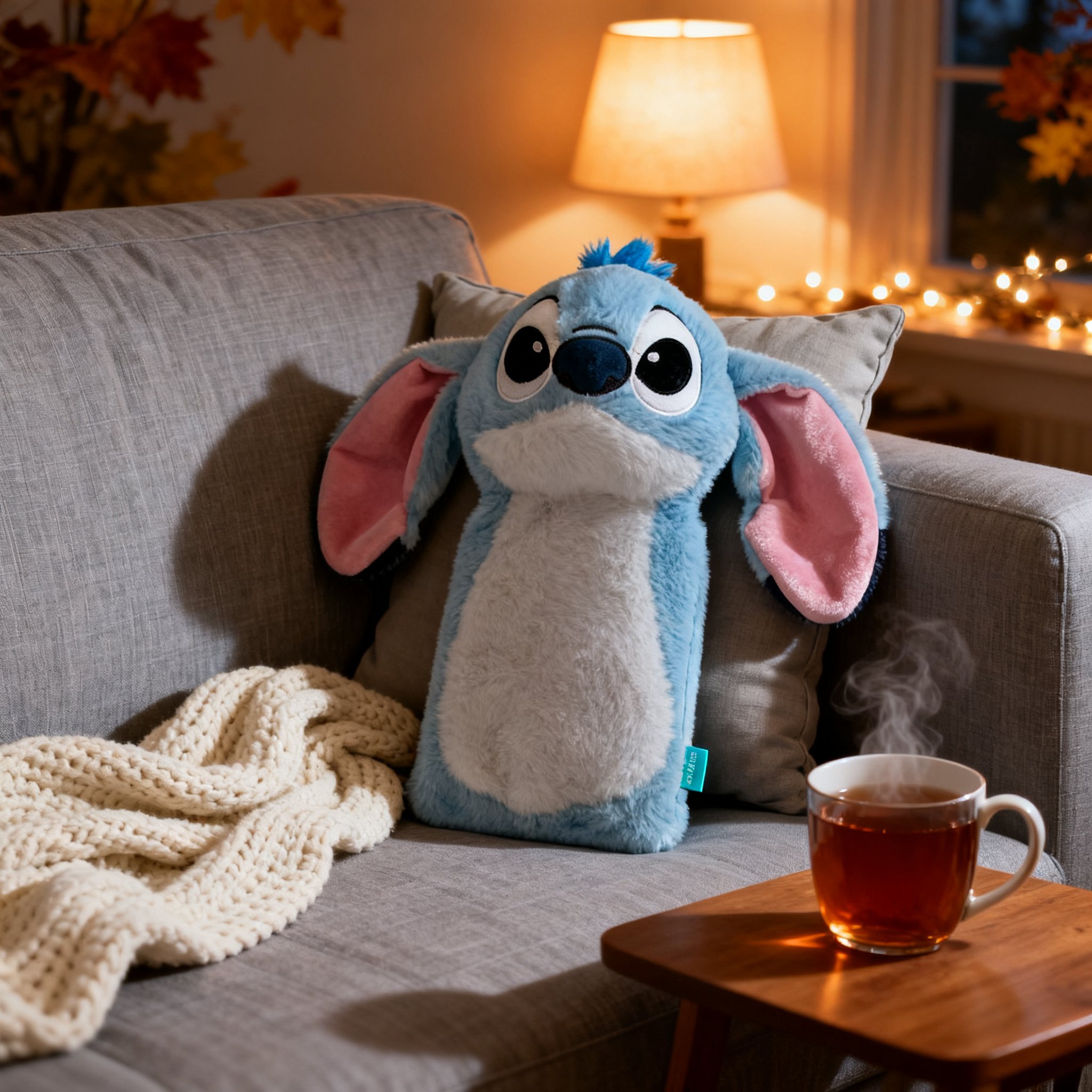 Stitch Wärmflasche auf dem Sofa mit Tee an einem Herbstabend