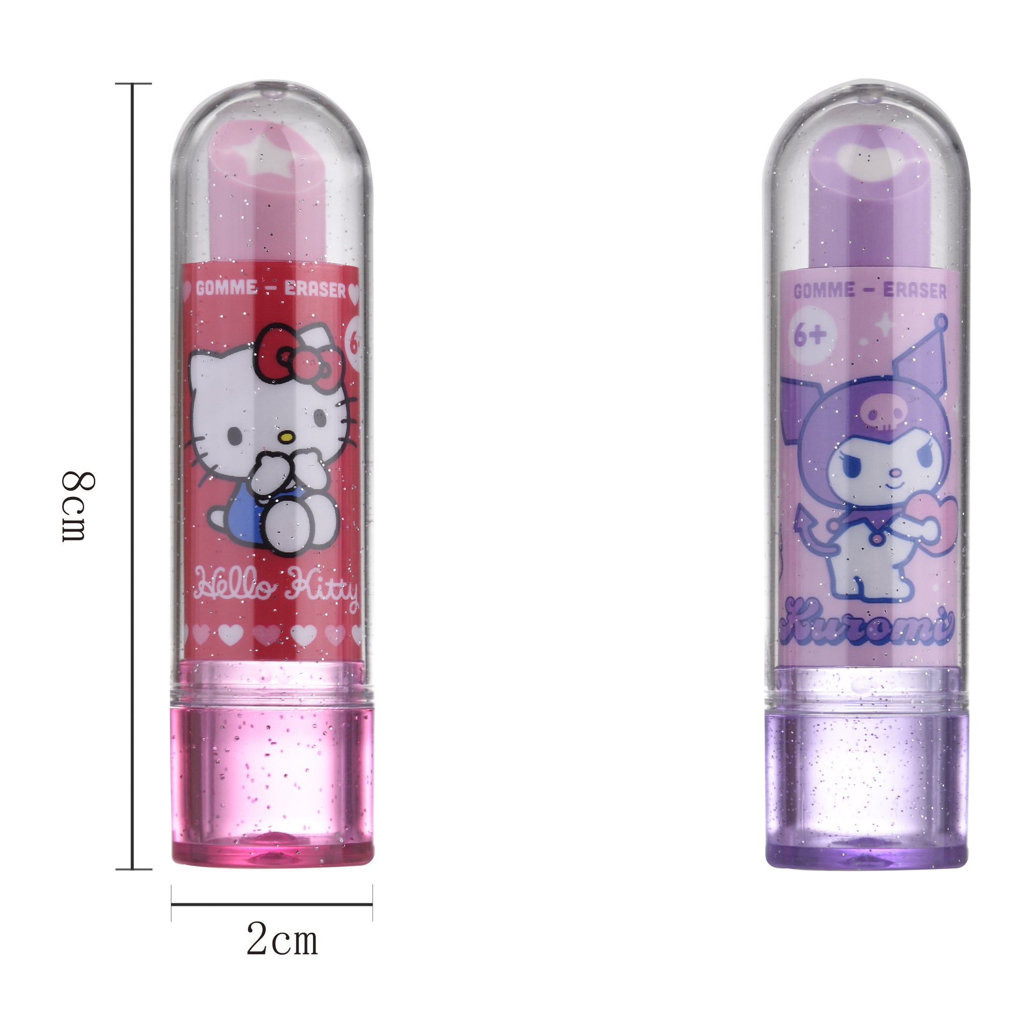 Dimensioni della gomma Hello Kitty: 8 cm di altezza e 2 cm di larghezza, accanto a Kuromi