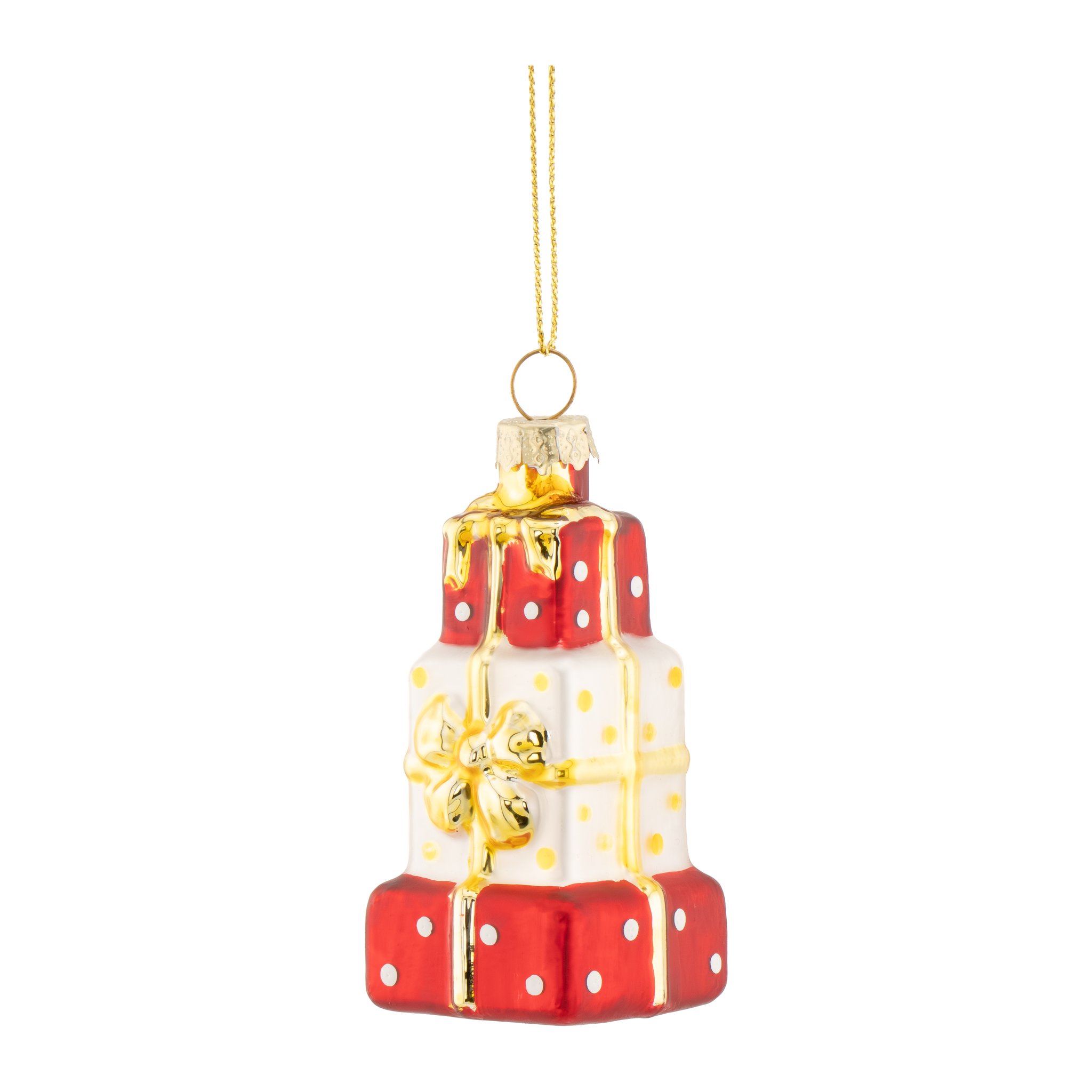 Geschenkestapel aus Glas mit roten und weissen Päckchen und Schleifen als Christbaumschmuck