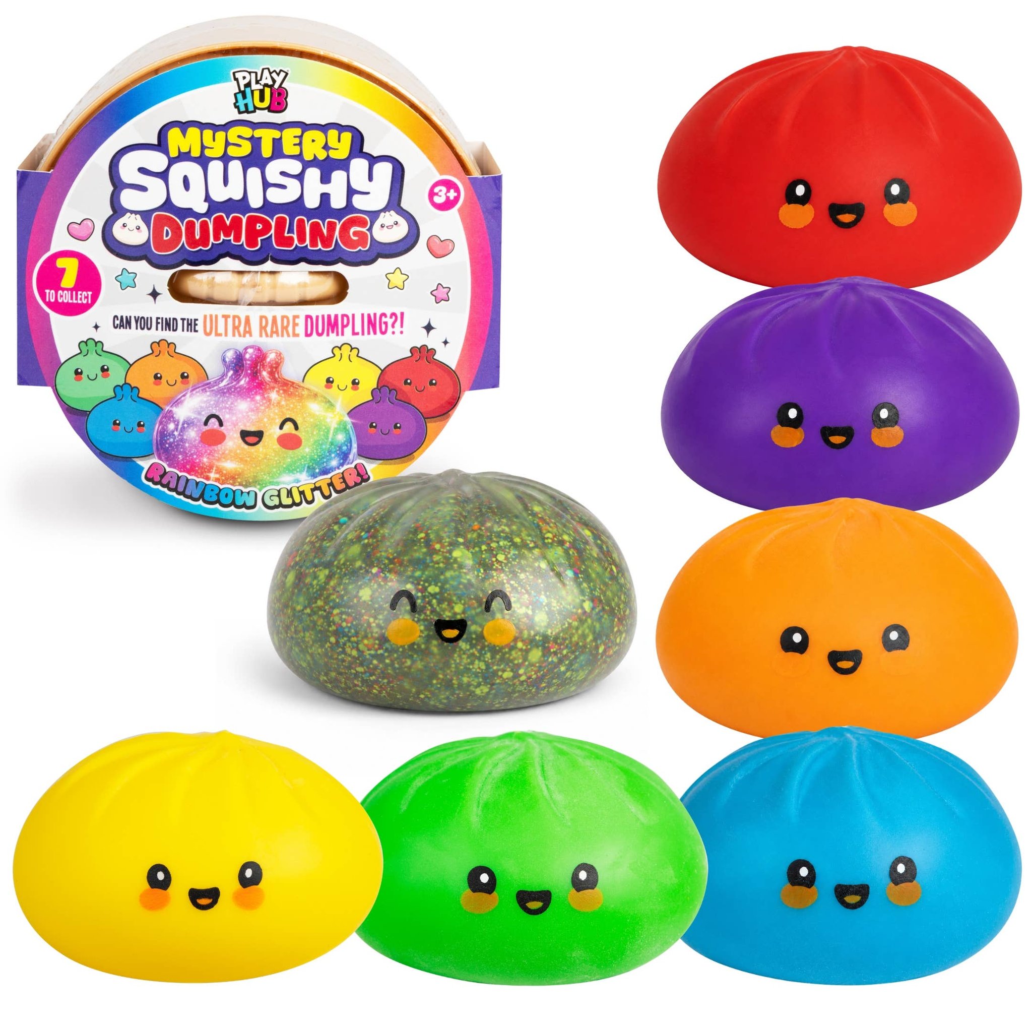 Sieben Squishy Dumplings in Rot, Violett, Gelb, Grün, Orange, Blau und Regenbogen-Glitzer