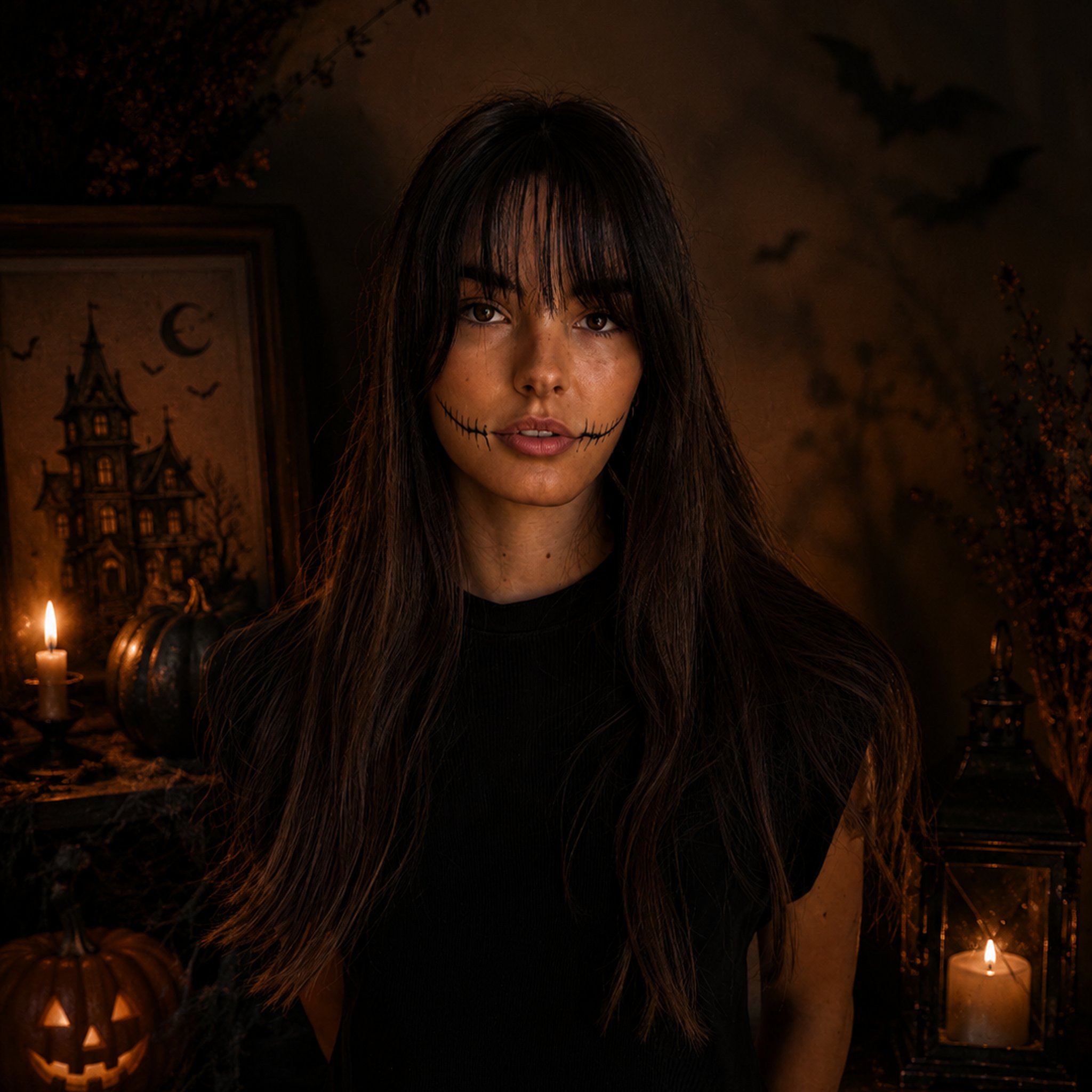 Frau mit aufgenähtem Narben-Grinsen als temporäres Tattoo aus der Halloween-Tattoo-Box