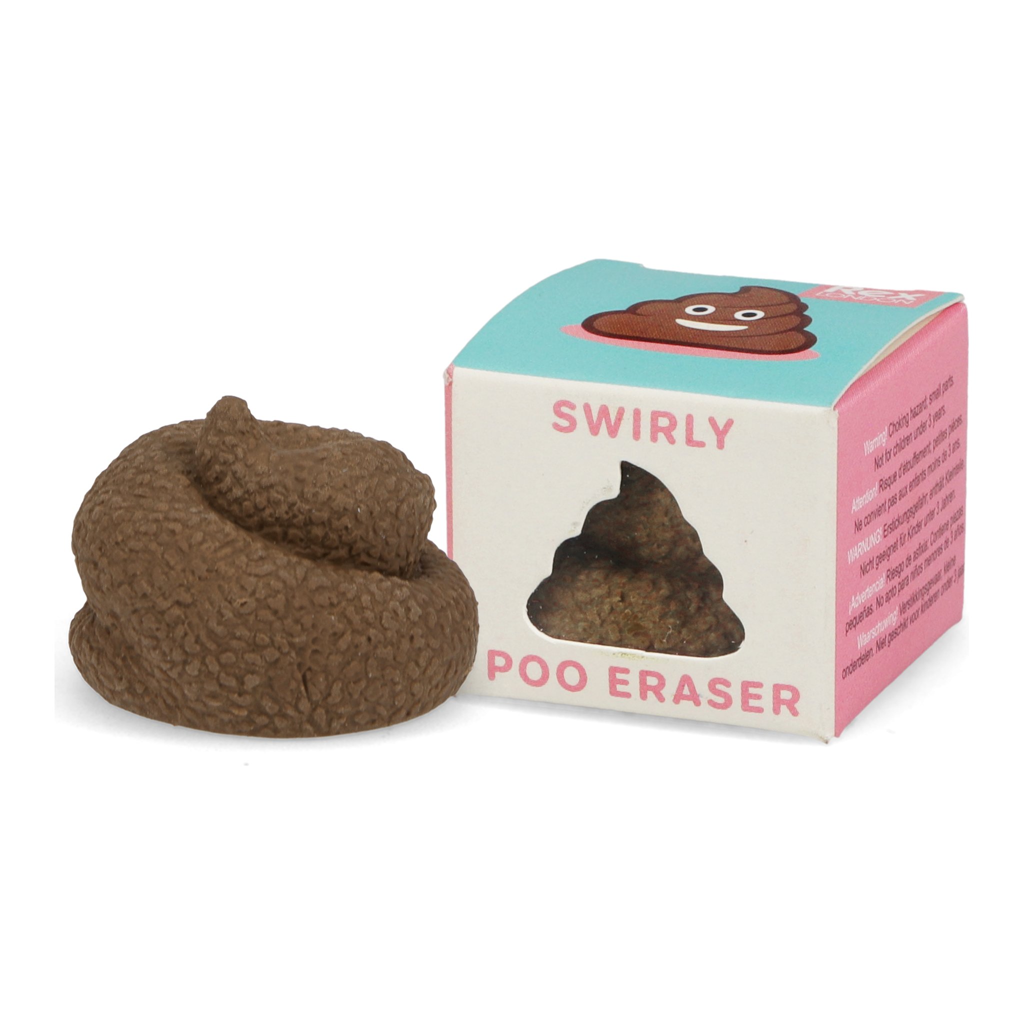 Gomma cacca accanto alla scatola «Swirly Poo Eraser»