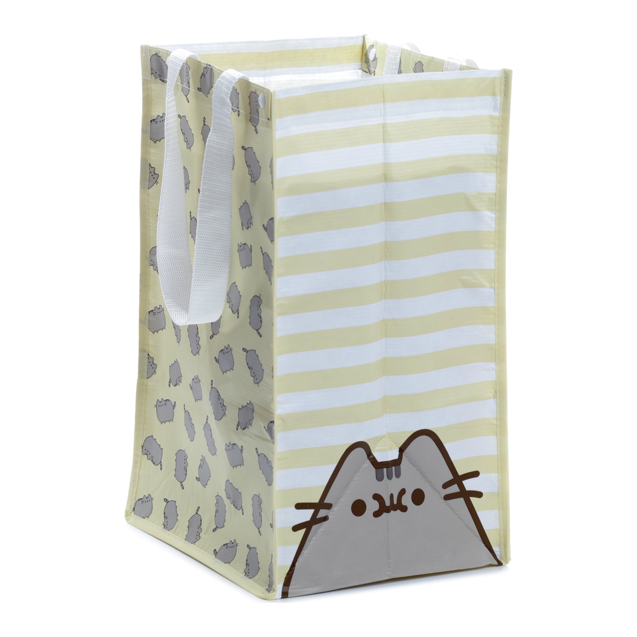 Gelber Pusheen-Waeschebehaelter mit Streifenmuster