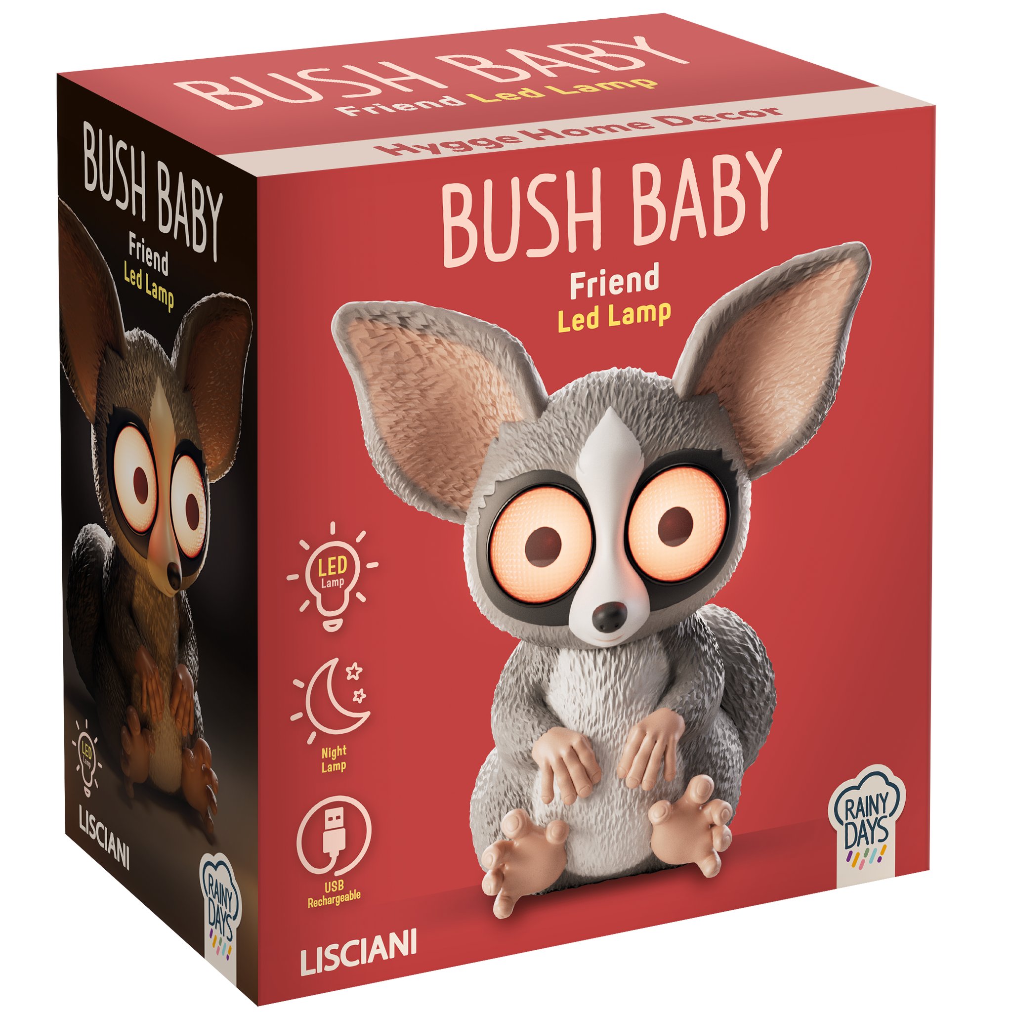 Verpackung des Bush Baby LED-Nachtlichts aus der Rainy-Days-Kollektion von Lisciani