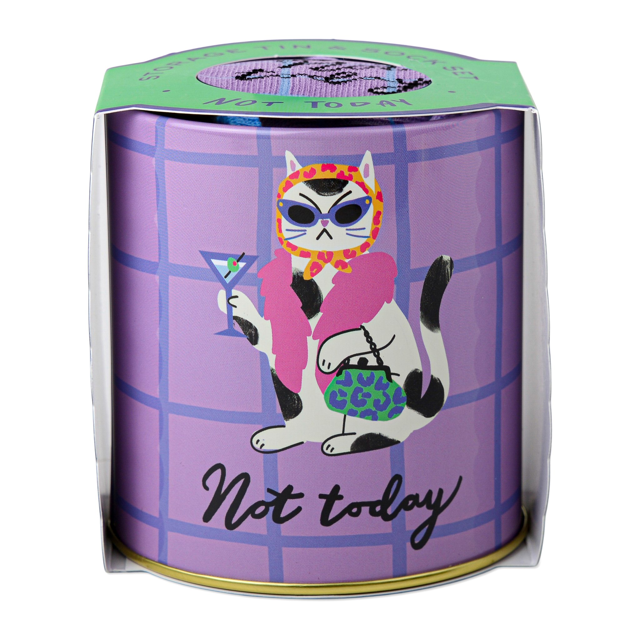 Chaussettes chat Not Today dans la boîte en métal violette avec bandeau vert