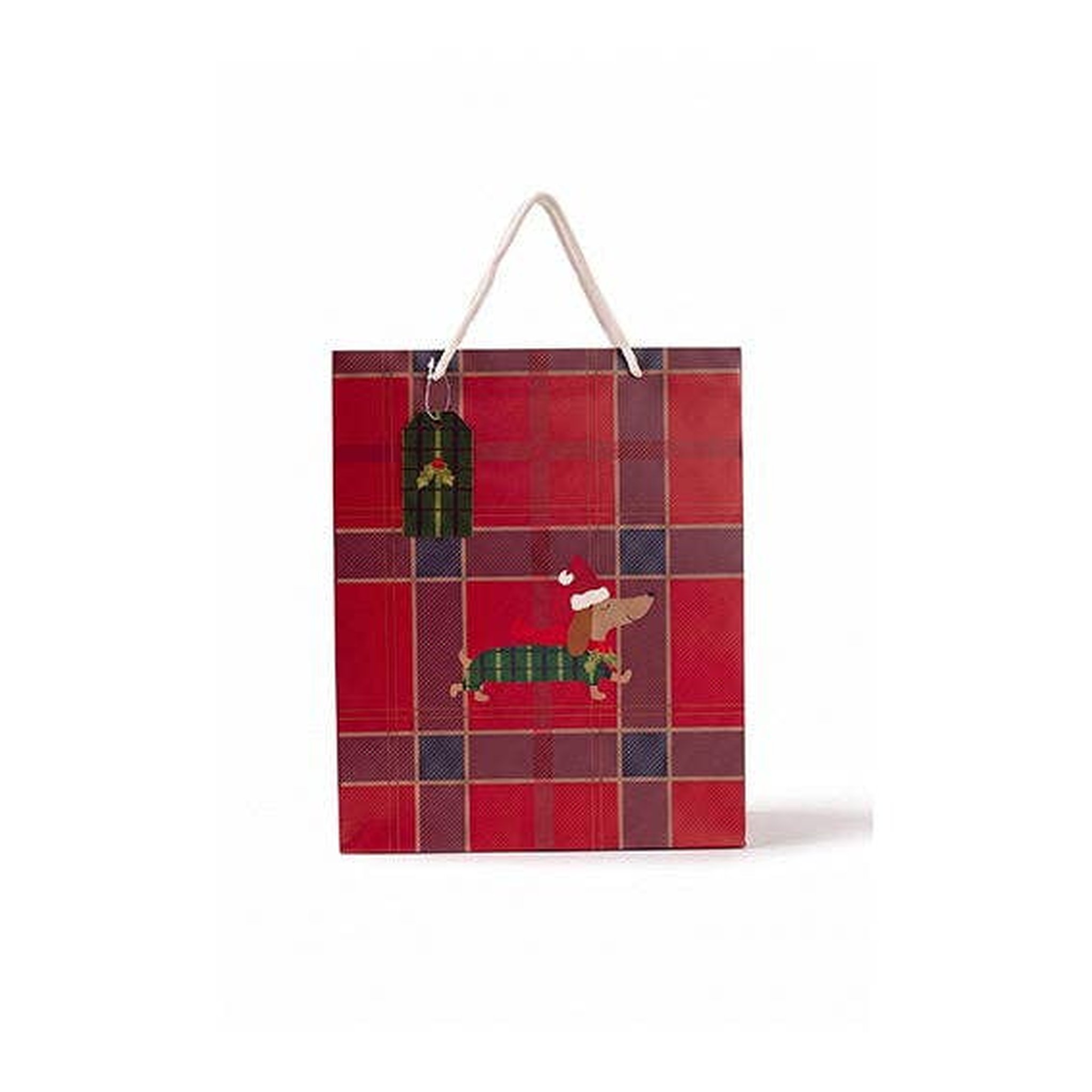 Sac cadeau à carreaux rouges avec teckel – vue