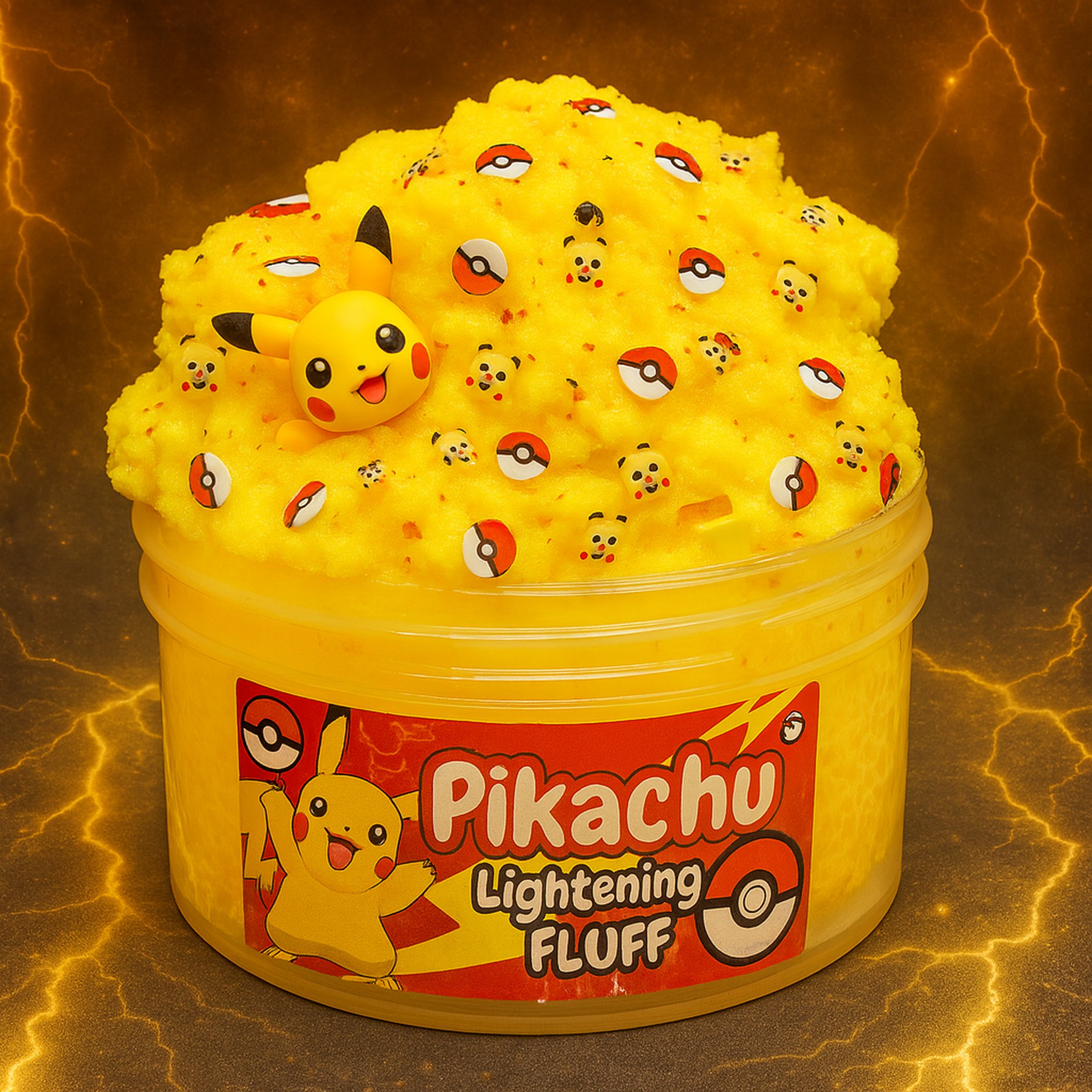Pikachu Lightning Fluff Cloud-Slime in gelber Dose vor Blitz-Hintergrund (KI-Darstellung)