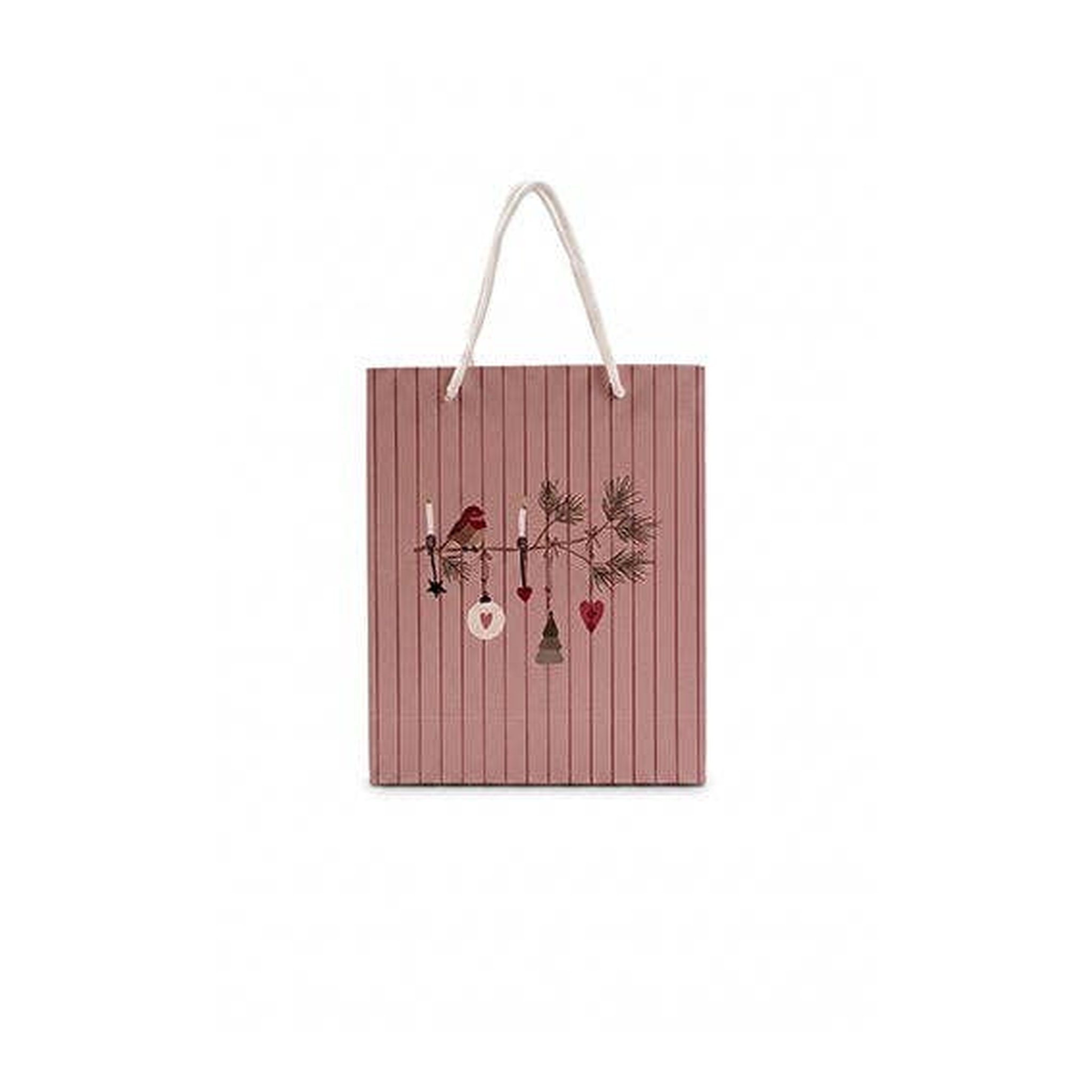 Sacchetto regalo rosa con uccellino e decori natalizi – vista