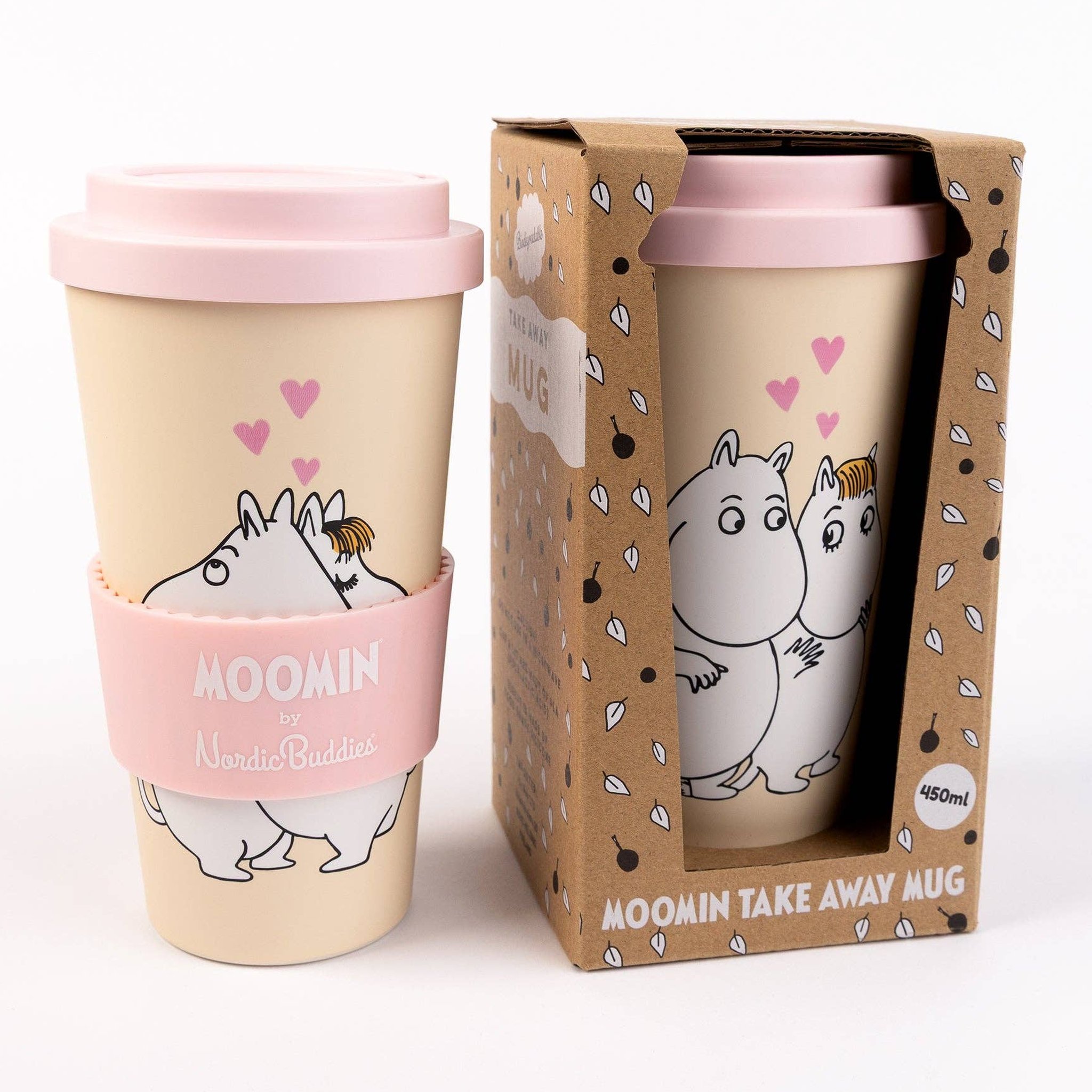 Moomin take-away mug with pink silicone sleeve next to its cardboard box