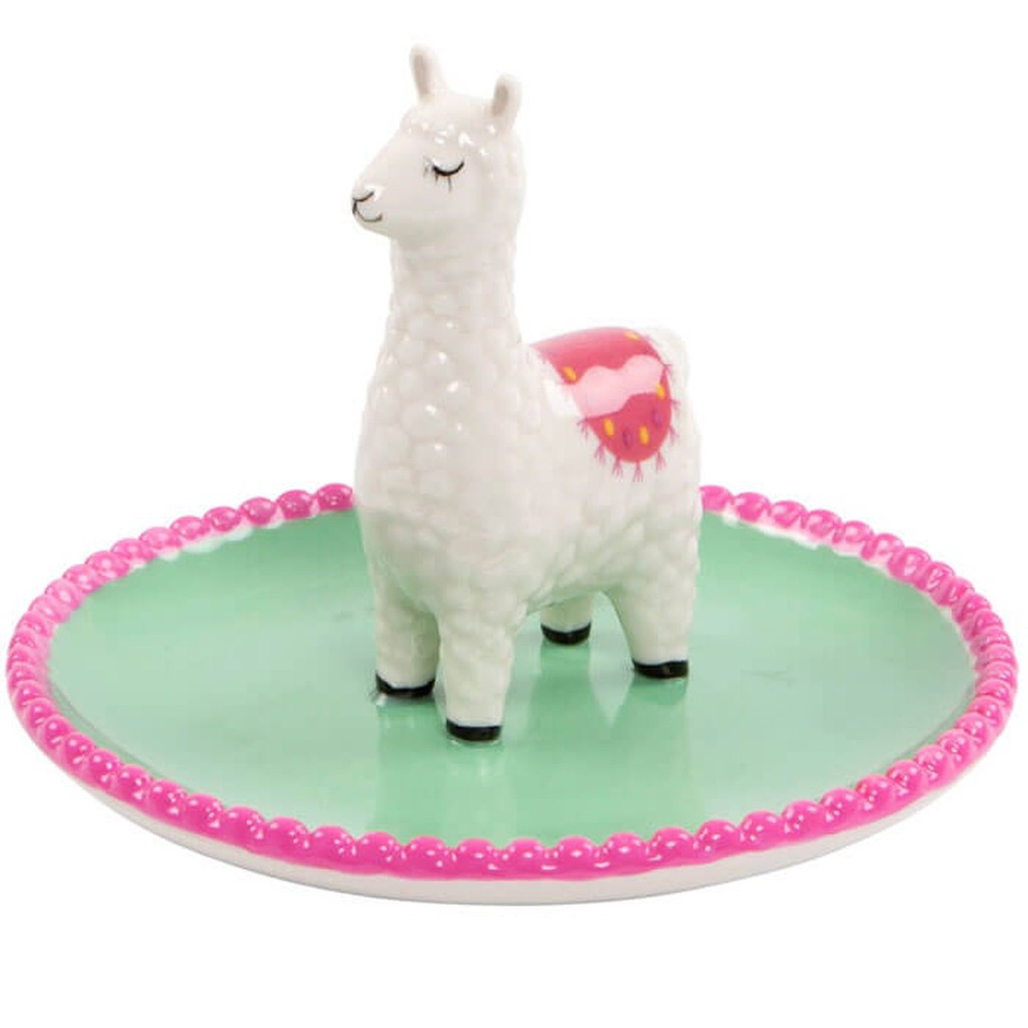 Vide-poche lama Lima détouré, plateau en céramique menthe avec lama blanc