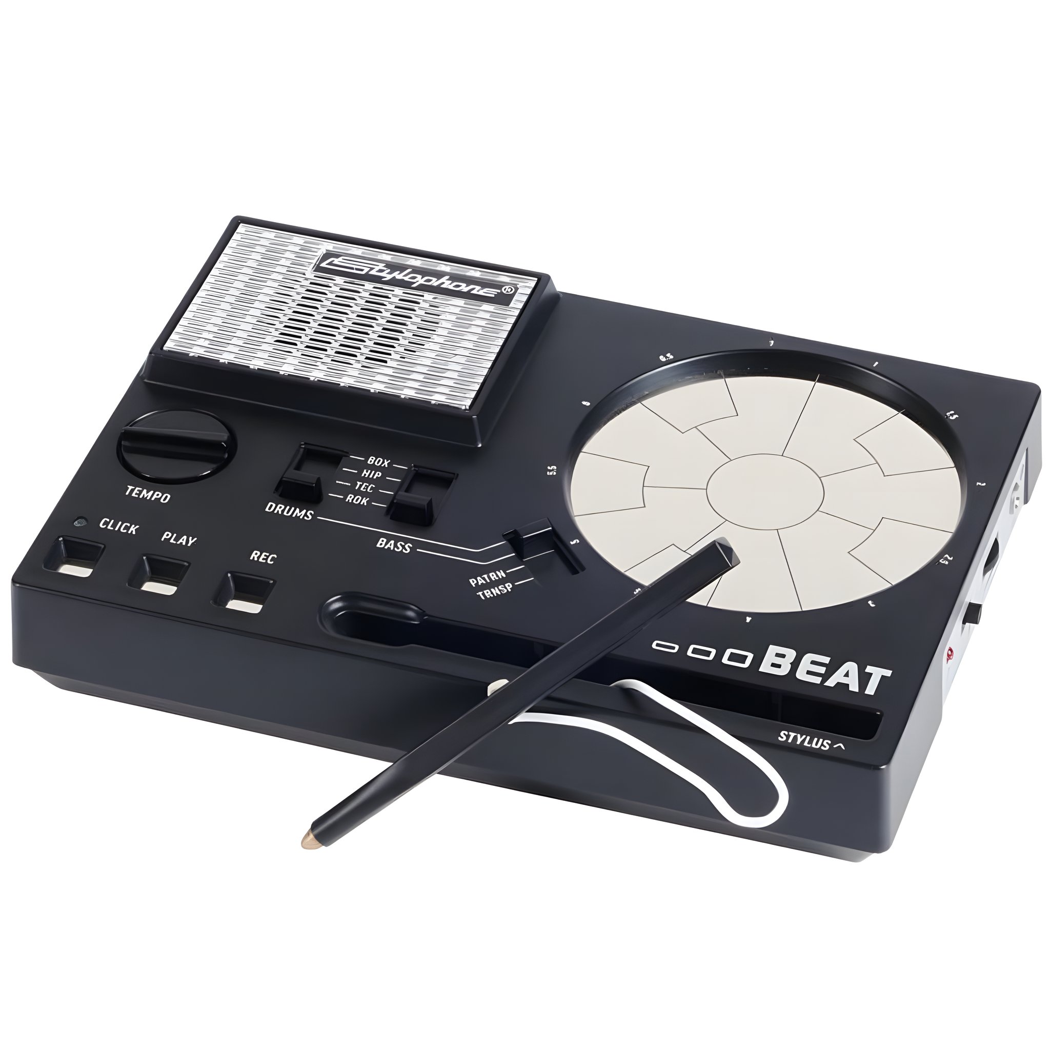 Stylophone BEAT drum machine – side view with stylus