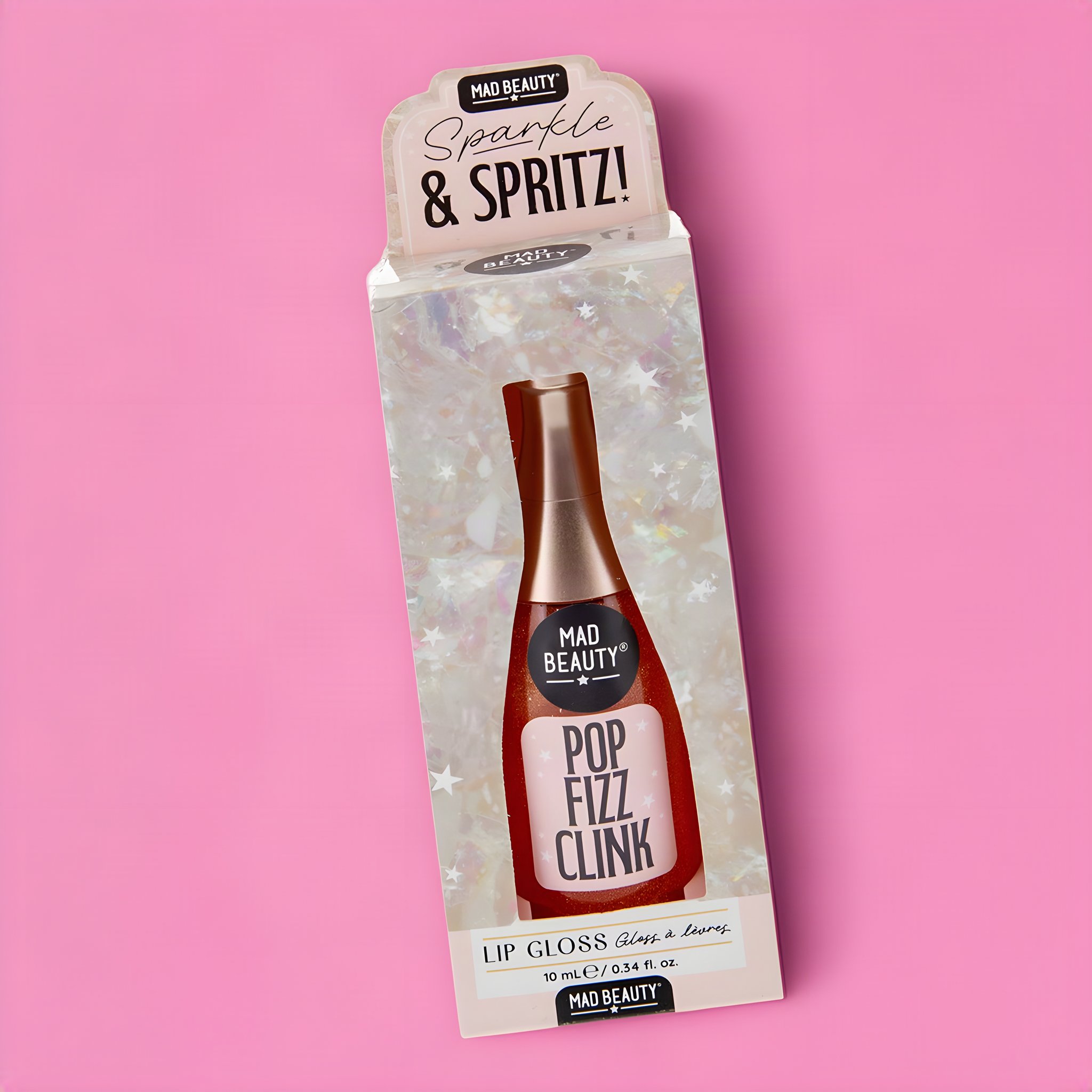Sparkle & Spritz Glitzer-Lipgloss in der Sektflasche, verpackt im Blister mit Sichtfenster