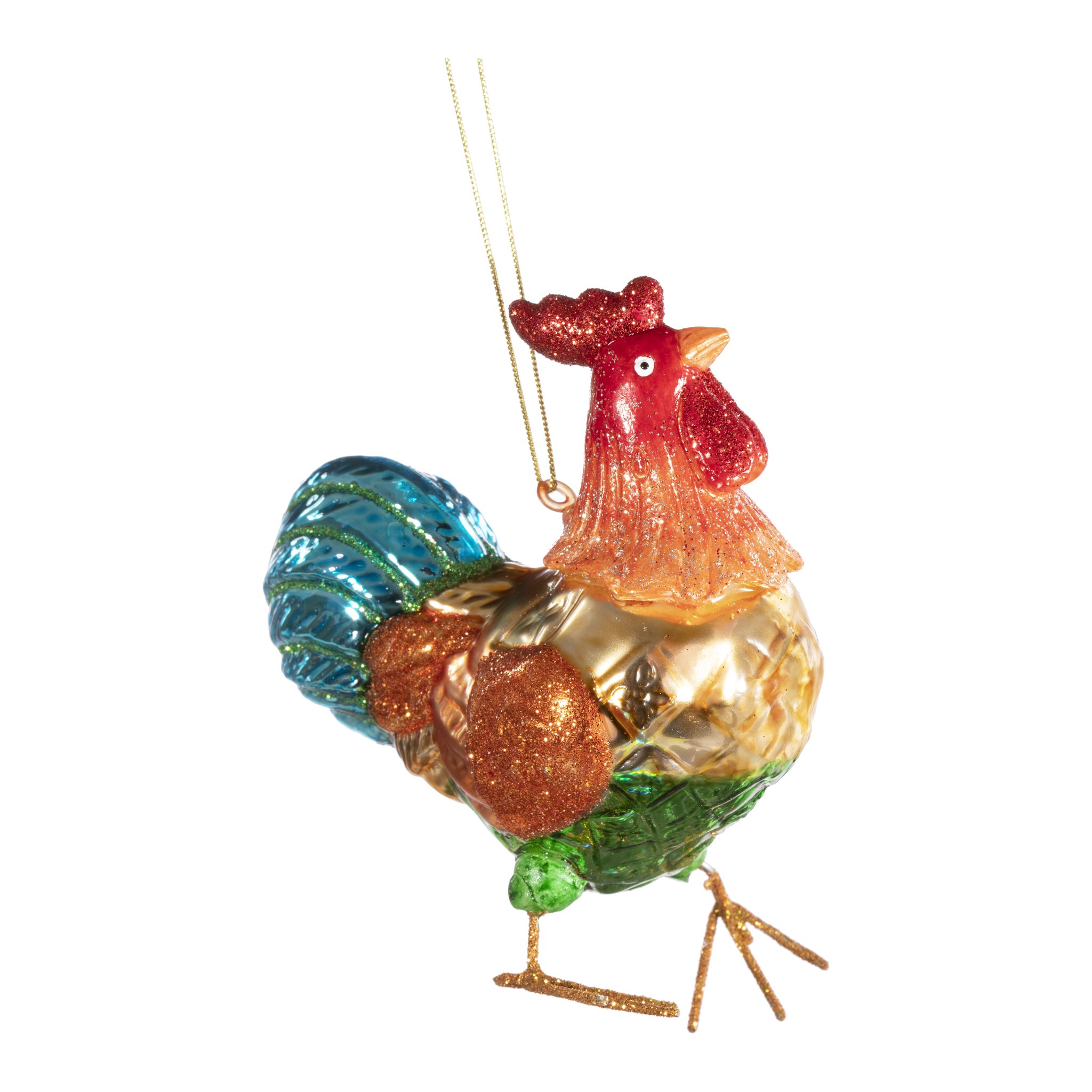 Weihnachtsschmuck Gockel freigestellt, Glasfigur mit Glitzer und Goldfaden