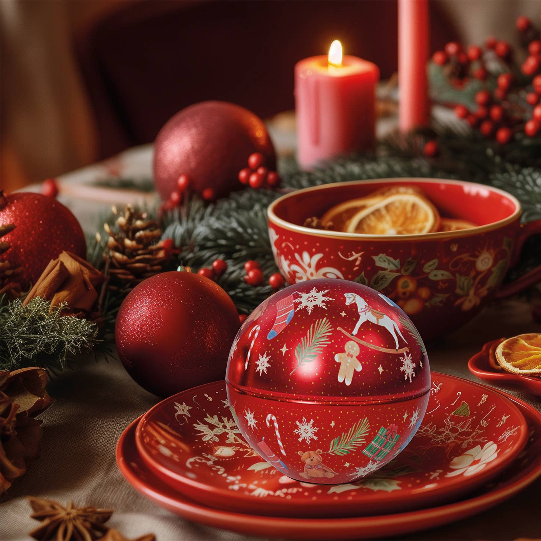Rote Weihnachtskugel auf festlich gedecktem Tisch mit Kerze und Tannenzweigen