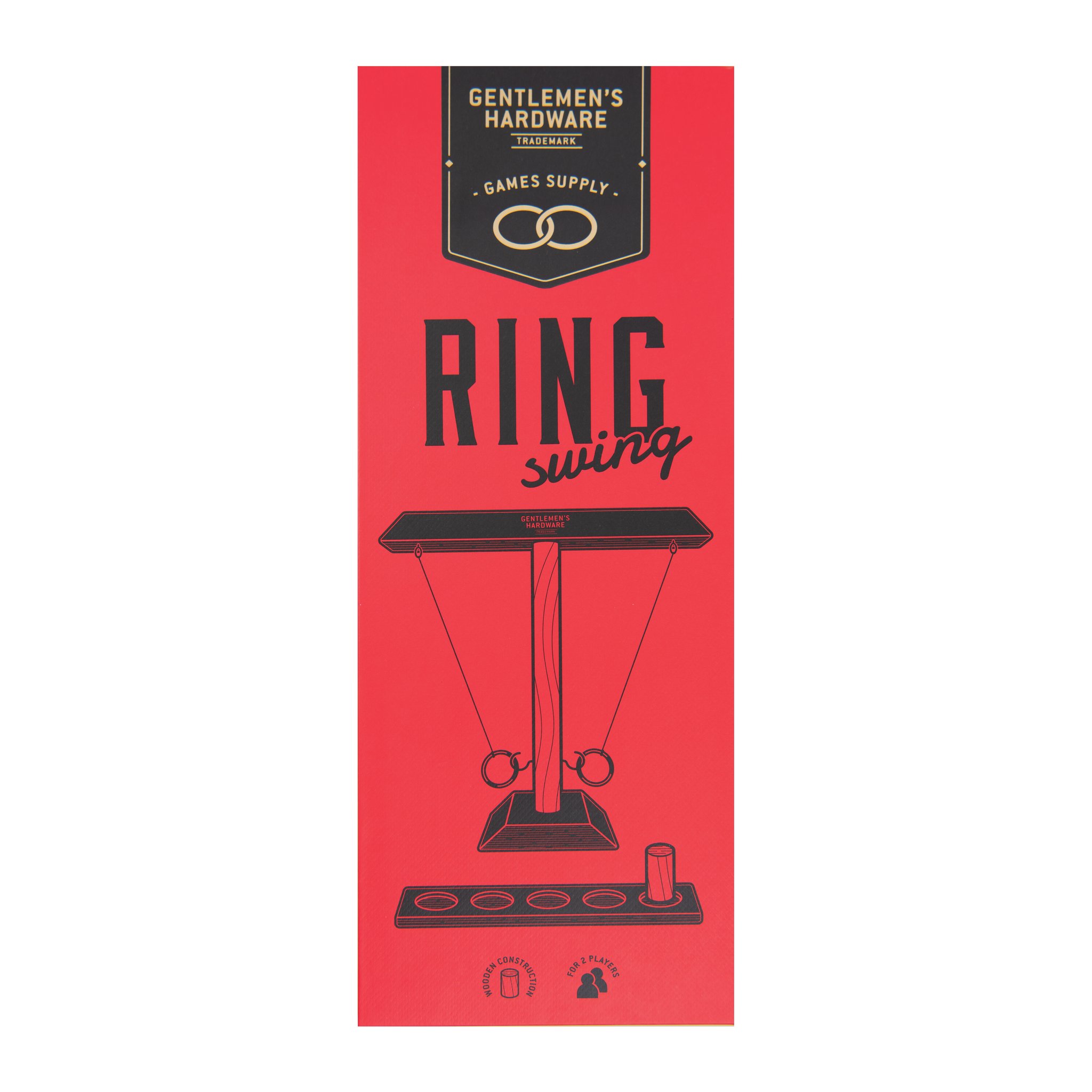 Boîte rouge du Jeu de Lancer d'Anneau avec étiquette noire, titre «Ring swing» et illustration du jeu
